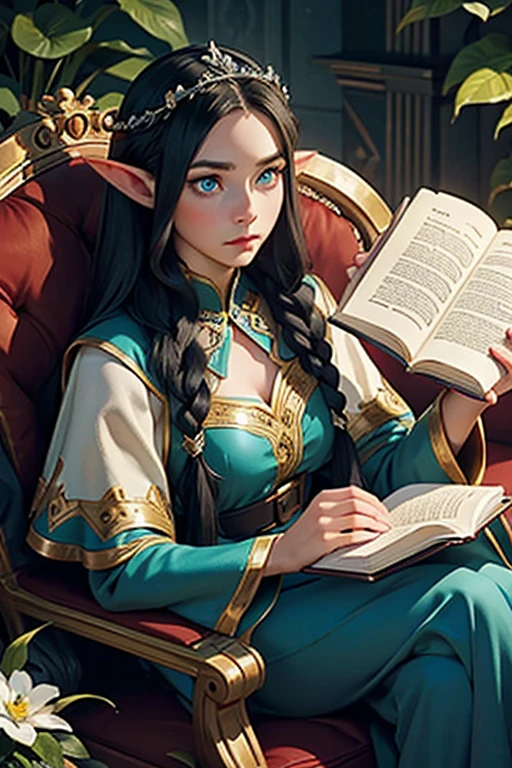 Artwork, best quality, 1 female elf, 1 woman, long black hair in braids, royal tiara on head, (Elf Queen), blue eyes, huge bust, looking at viewer, disapproving look, royal hall, Alone, Beautiful 25 year old elf wearing queen's attire, sitting in an armchair reading a book, expressive scene