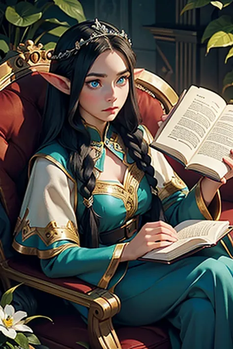 artwork, best quality, 1 female elf, 1 woman, long black hair in braids, royal tiara on head, (elf queen), blue eyes, huge bust,...