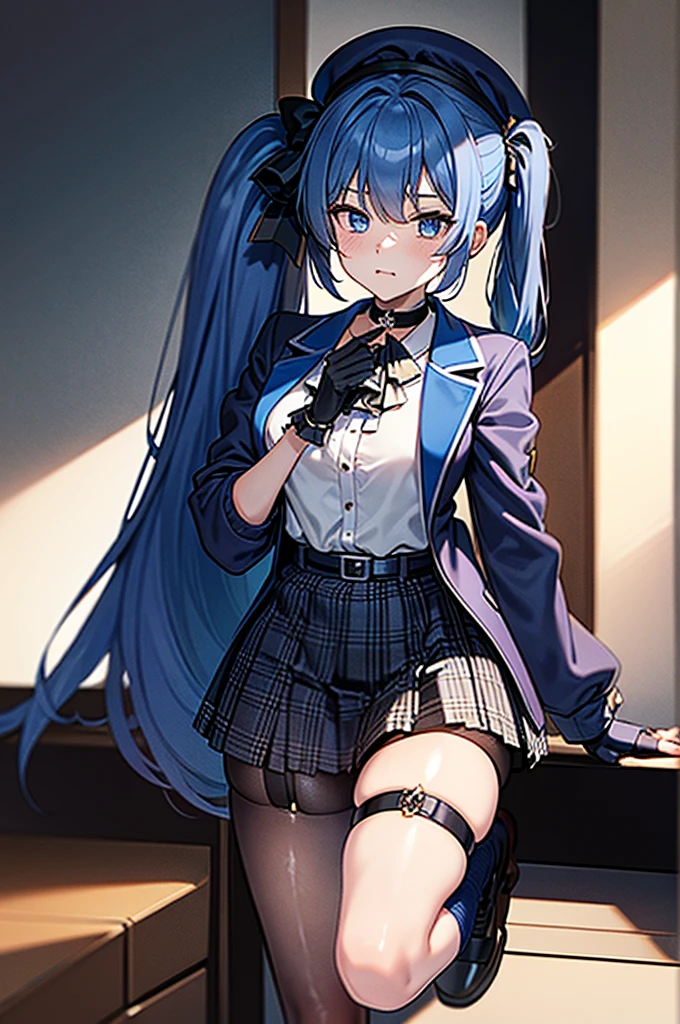 suisei hoshimachi, blue eyes, Blue Hair, choker, Hair between the eyes, Medium Hair, Side Ponytail, star choker,
Ascot, Asymmetrical legwear, belt, beret, black gloves, blue Ascot, blue belt, blue bow, blue choker, bow, button, choker, collared shirt, Crown, gloves, Grey hat, grey Jacket, grey skirt, Have, Jacket, jewelry, Knee-high, Long sleeve, miniskirt, Mismatched legwear, partially fingerless gloves, meanwhile, Plaid, Plaid Jacket, Plaid skirt, shirt, シングルKnee-high, 片足socks, skirt, skirt set, socks, star choker, Star handle, Thigh straps, Mismatched legwear, white shirt, I can&#39;t stop farting, hold fart, blush, cry