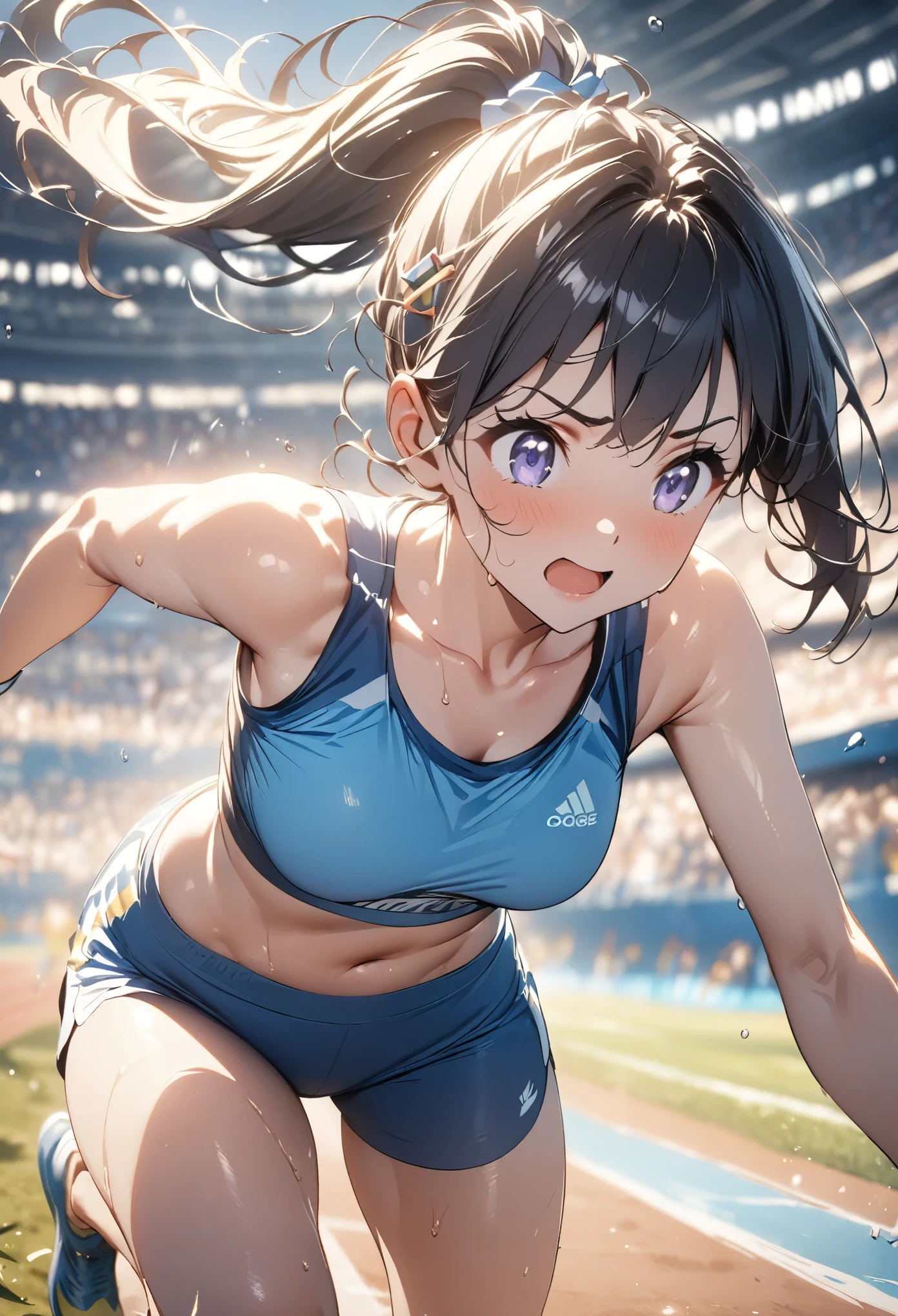 anime,depth of field, cinematic lighting, lens flare, f/1.2,(masterpiece:1.2),(high definition),Running Girl、Speed、A refreshing piece、Shortcuts、ponytail、hairpin、Sweat flying、Summer sunshine、Athletics、Black Hair