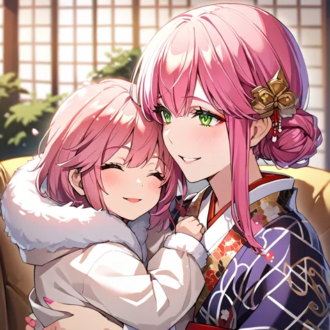 ((highest quality)), ((masterpiece)), (detailed), （perfect face）、（the woman is rena, with short pink hair, a happy smile and is ...