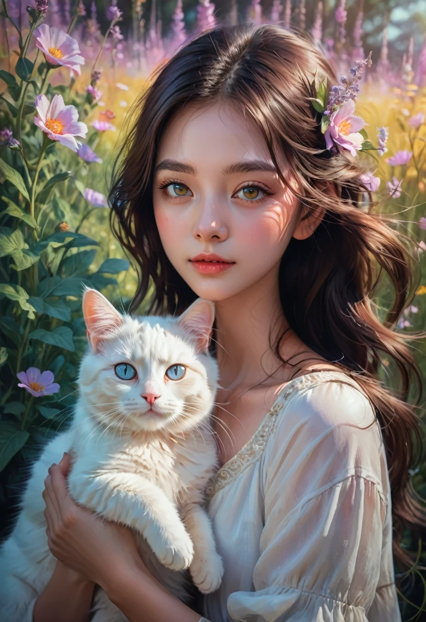 Girl with Cat, a beautiful girl with a cat, girl with a cute cat, girl petting a cat, girl in a flowery meadow with a cat, girl in a dreamy landscape with a cat, girl in a fantasy forest with a cat, photorealistic portrait of a girl and her cat, highly detailed digital painting of a girl and her feline companion, girl cuddling a cat in a serene natural setting, girl playing with a cat in a whimsical outdoor scene, (best quality,4k,8k,highres,masterpiece:1.2),ultra-detailed,(realistic,photorealistic,photo-realistic:1.37),vivid colors,intricate details,natural lighting,warm color palette,soft focus,beautiful detailed eyes,beautiful detailed lips,extremely detailed eyes and face,longeyelashes,1girl,cat,flower field,fantasy landscape,vibrant colors,depth of field,cinematic lighting