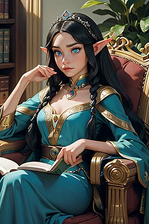 Artwork, best quality, 1 female elf, 1 woman, long black hair in braids, royal tiara on her head, (Elf Queen), blue eyes, huge bust (exaggerated), looking at the viewer, look of disapproval, royal hall , Alone, Beautiful 25 year old elf wearing queen's attire, sitting in an armchair reading a book, expressive scene