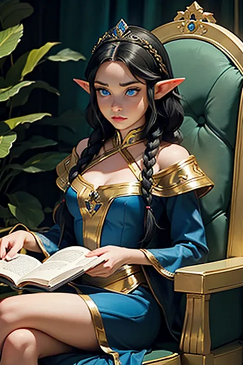 artwork, best quality, 1 female elf, 1 woman, long black hair in braids, royal tiara on her head, (elf queen), blue eyes, huge b...