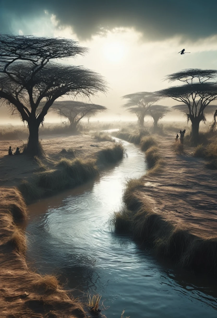 супер подробный,Сюрреалистическая африканская сцена,Злые духи появляются над деревенской рекой,Угол обзора на расстоянии