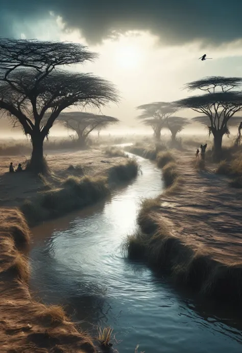 Super detailed,Surreal African scene,Evil spirits appear over the village river,Distance viewing angle