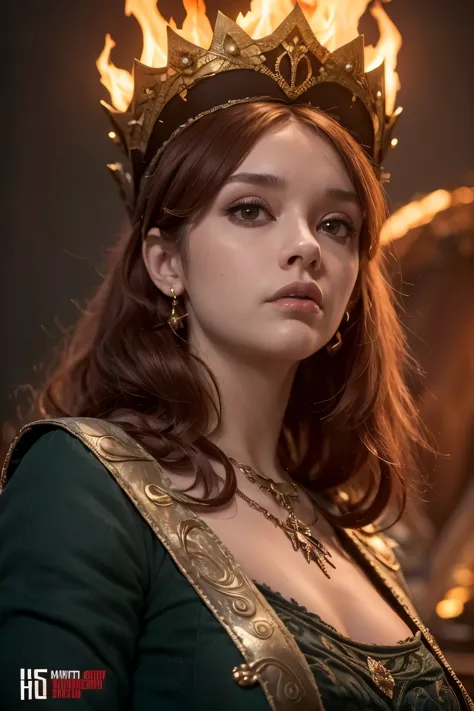 (((Cinematic heavy metal poster))) of Alicent Hightower wearing a elegant medieval green dress, Tiara on the head , 40yo, Gothic...