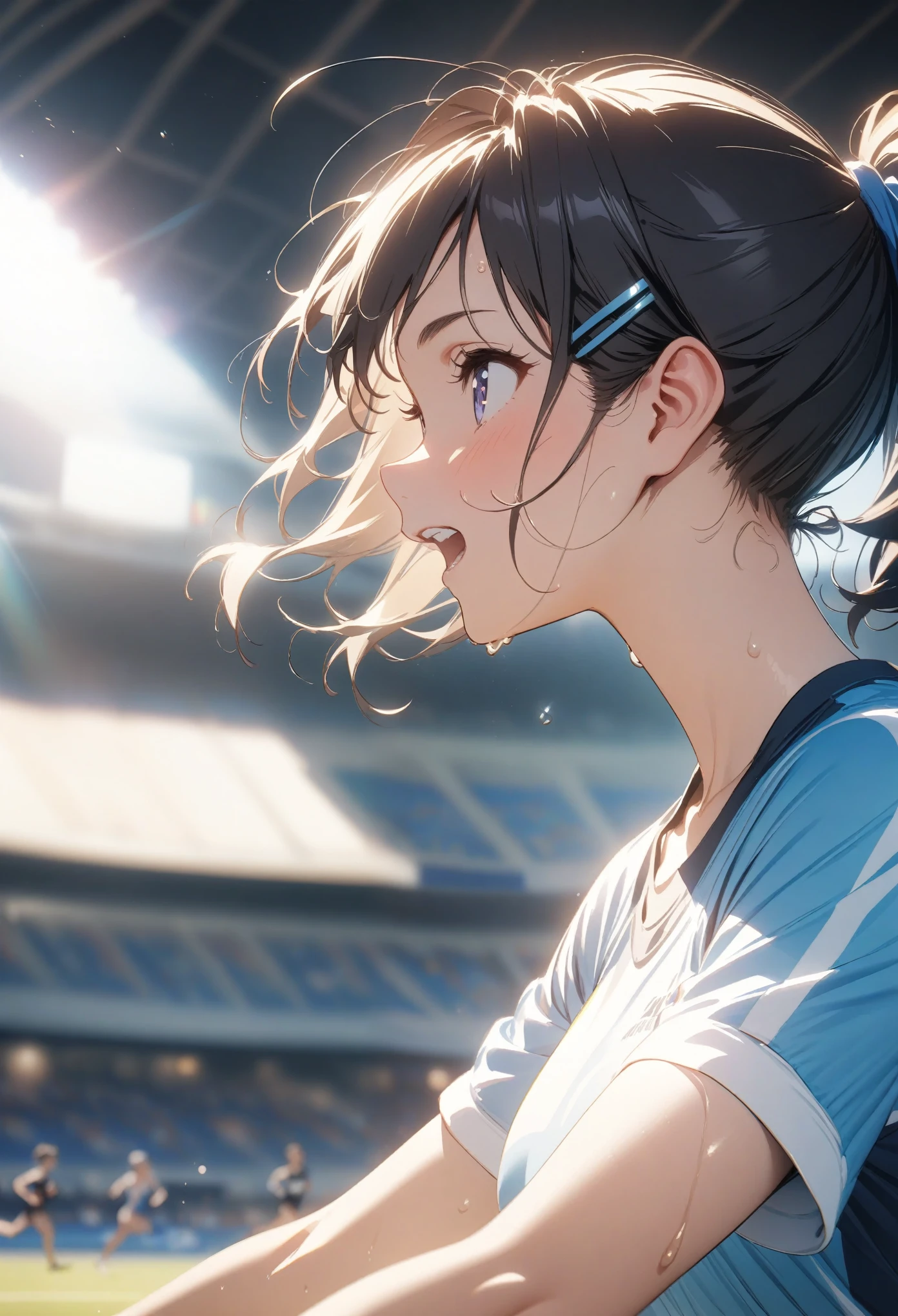 anime,depth of field, cinematic lighting, lens flare, f/1.2,(masterpiece:1.2),(high definition),Running Girl、Speed、A refreshing piece、Shortcuts、ponytail、hairpin、Sweat flying、Summer sunshine、Athletics、Black Hair、cute、profile、Sunlight on background