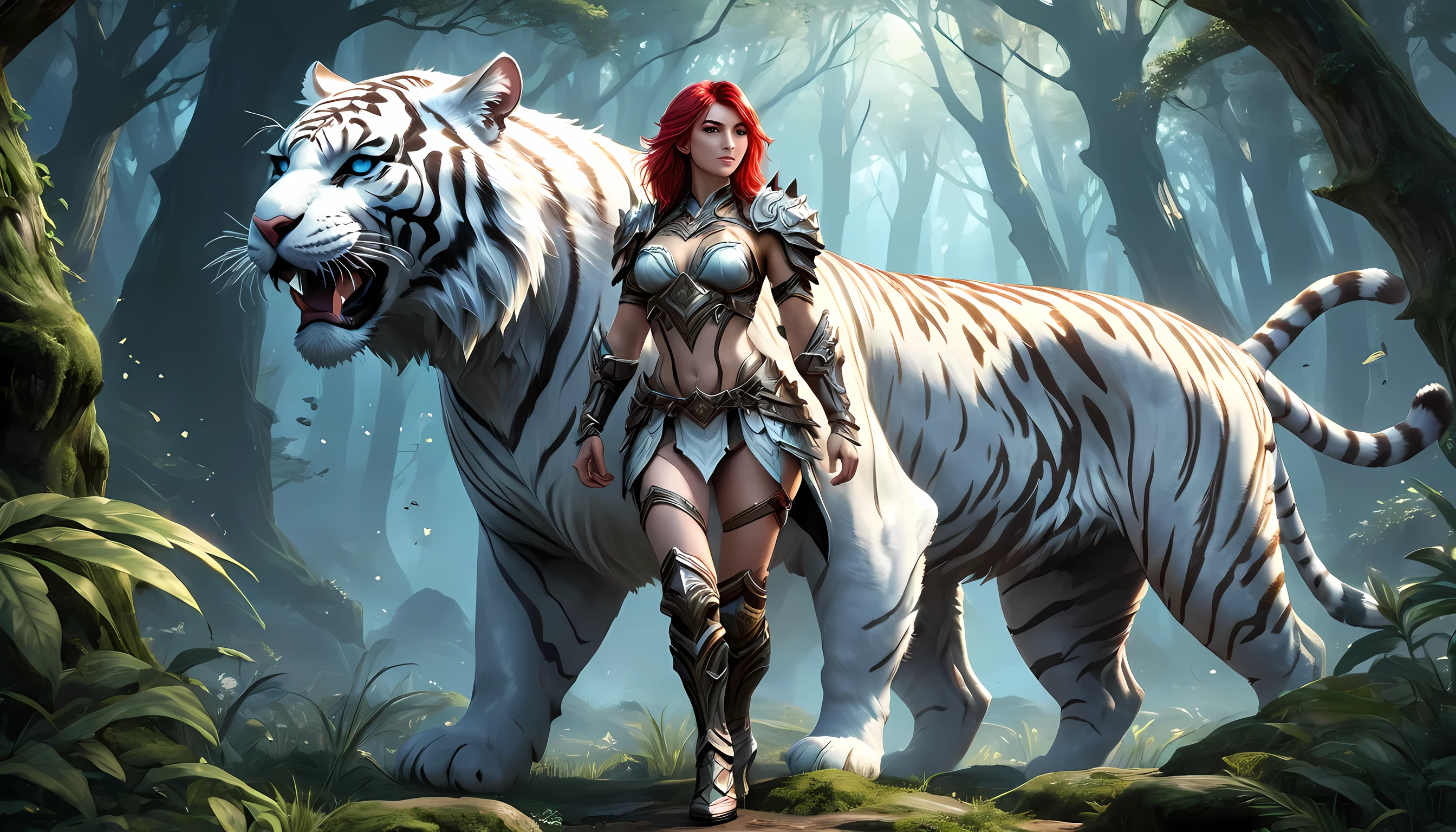 high details, best quality, 16k, [Ultra detailed], masterpiece,  best quality, (extremely detailed), dynamic angle, ultra wide shot, RAW, photorealistic, fantasy art, RPG art, realistic art, a wide angle picture of an epic female elf ranger and her pet (white tiger: 1.3),  warrior of nature, fighter of nature, full body, [[anatomically correct]] full body (intricate details, Masterpiece, best quality: 1.5) talking to an epic ((white tiger: 1.5)) (intricate details, Masterpiece, best quality: 1.6) armed with an epic magical sword  (intricate details, Masterpiece, best quality: 1.5) epic magical sword Wielding sword, glowing in blue light , in dark forest ( intricate details, Masterpiece, best quality: 1.4), a female beautiful epic drow wearing leather armor (intricate details, Masterpiece, best quality: 1.5), leather boots, thick hair, long hair, red hair, pale skin intense eyes, forest  background (intense details), moon light, stars light, clouds (intricate details, Masterpiece, best quality: 1.5), dynamic angle, (intricate details, Masterpiece, best quality: 1.3), high details, best quality, highres, ultra wide angle, ladyshadow, 