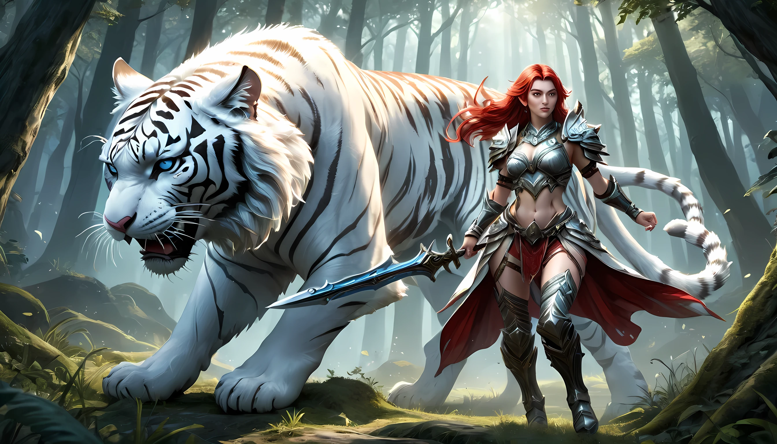 high details, best quality, 16k, [Ultra detailed], masterpiece,  best quality, (extremely detailed), dynamic angle, ultra wide shot, RAW, photorealistic, fantasy art, RPG art, realistic art, a wide angle picture of an epic female elf ranger and her pet (white tiger: 1.3),  warrior of nature, fighter of nature, full body, [[anatomically correct]] full body (intricate details, Masterpiece, best quality: 1.5) talking to an epic ((white tiger: 1.5)) (intricate details, Masterpiece, best quality: 1.6) armed with an epic magical sword  (intricate details, Masterpiece, best quality: 1.5) epic magical sword Wielding sword, glowing in blue light , in dark forest ( intricate details, Masterpiece, best quality: 1.4), a female beautiful epic drow wearing leather armor (intricate details, Masterpiece, best quality: 1.5), leather boots, thick hair, long hair, red hair, pale skin intense eyes, forest  background (intense details), moon light, stars light, clouds (intricate details, Masterpiece, best quality: 1.5), dynamic angle, (intricate details, Masterpiece, best quality: 1.3), high details, best quality, highres, ultra wide angle, ladyshadow, 