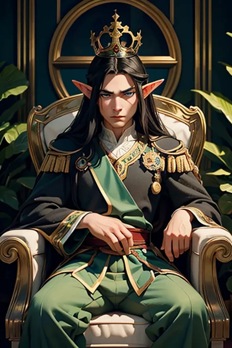 work of art, best quality, 1 male elf, 1 man, long black hair, royal crown on head, (elf king), blue eyes, strong and imposing, ...