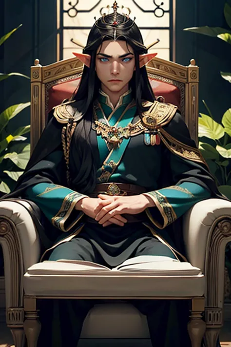 work of art, best quality, 1 male elf, 1 man, long black hair, royal crown on head, (elf king), blue eyes, strong and imposing, ...