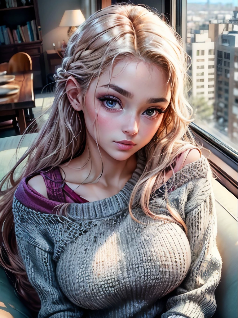 Amazing portrait of a sexy woman with perfect hair and amazing makeup with a seductive gaze while blushing intensely and being ready to kiss wearing a long oversized sweater and sitting comfortably on couch near a window with  natural light beaming through window showcasing her beautiful face while she's seductively gazing at us very seductively 