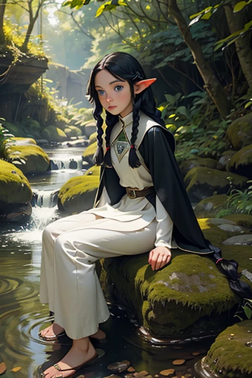 Artwork, best quality, 1 elf, 1 girl, long black hair in braids, blue eyes, small bust, looking at the viewer, forest stream location, Alone, Beautiful 18 year old elf wearing light palatial clothing sitting on a rock facing the stream