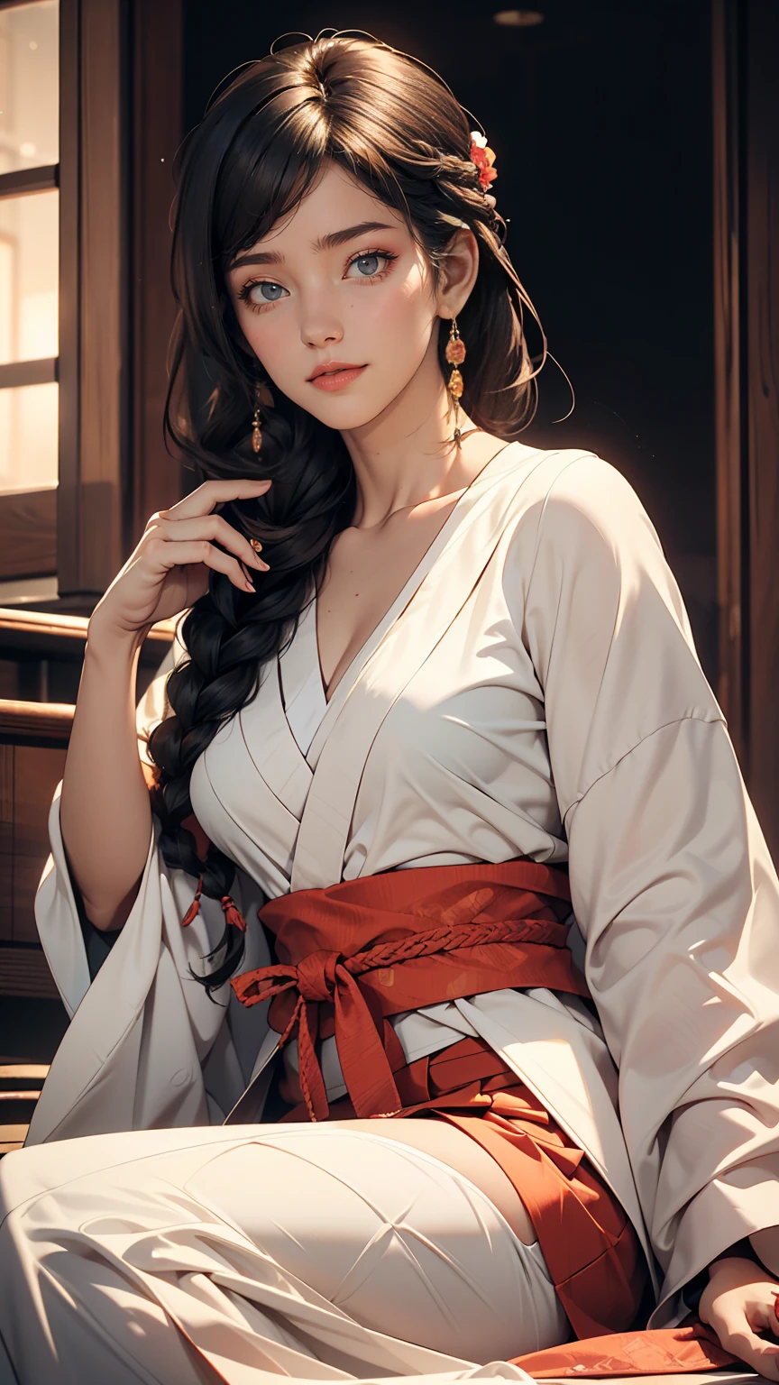 (8K, RAW Photos, highest quality, masterpiece:1.2), (Realistic, photo-Realistic:1.37)、26 year old Japanese woman、Hair is black、Eye color is indigo、long hair、I braid it lightly、Venus Body、Having her hair done、My chest is popping out、Wearing accessories on the ankle、smile、I&#39;m wearing a hairband、Wearing a sheer tie-front shirt、The belly button is visible、Wear a navy blue low-rise micro mini pleated skirt、smile