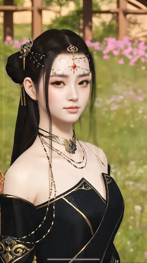 a close up of a woman in a black dress with a flower in her hair, a beautiful fantasy empress, inspired by Lan Ying, inspired by...