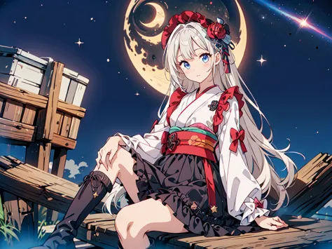 Star Fairy、(masterpiece, highest quality), One girl, Sitting on the crescent moon、「Beautifully printed galaxy patterned kimono a...