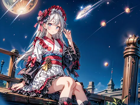 Star Fairy、(masterpiece, highest quality), One girl, Sitting on the crescent moon、「Beautifully printed galaxy patterned kimono a...