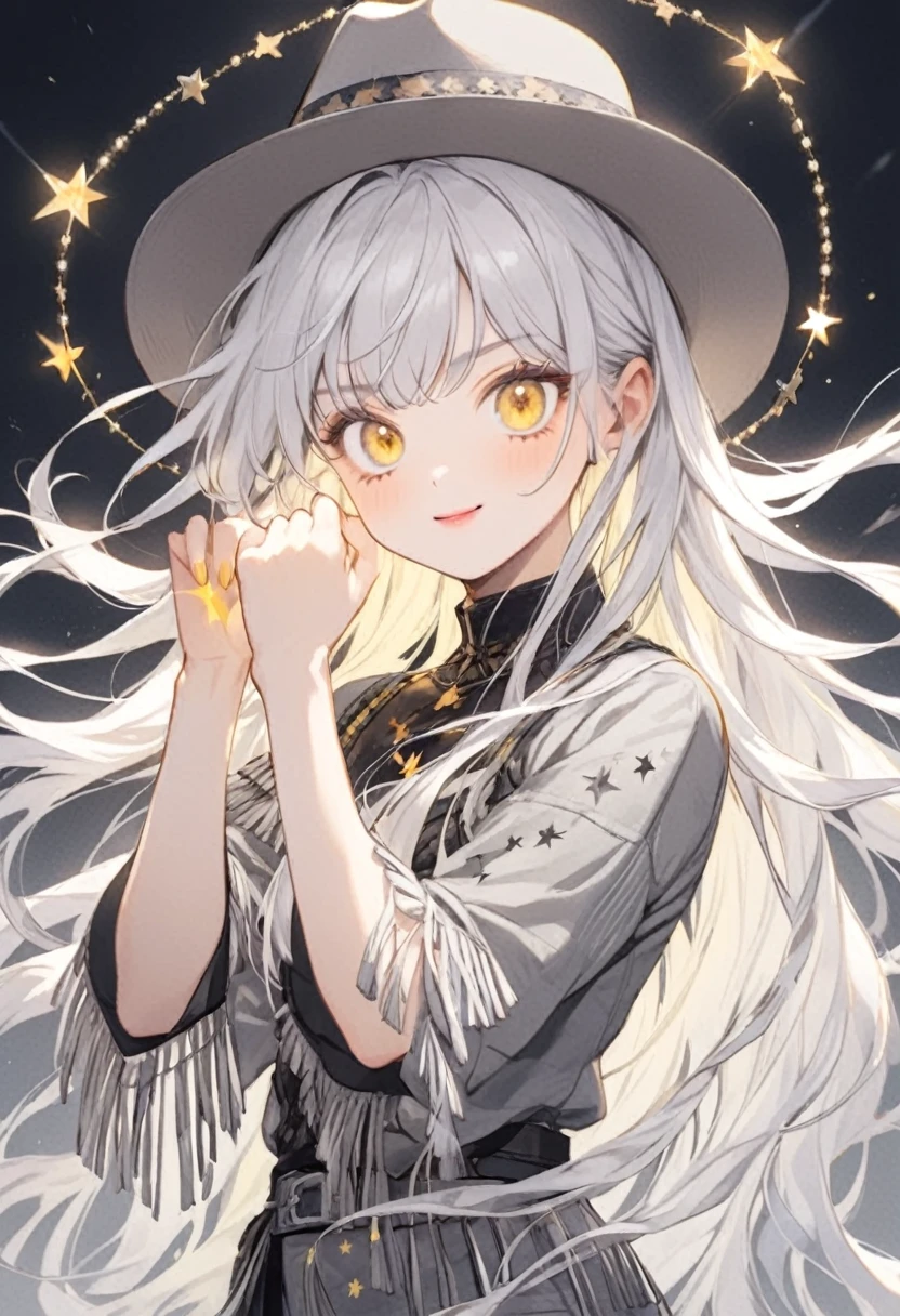 Gray cowboy outfit 、Fringe on sleeves、Gray cowboy hat、Star mark on the end of the hat string、girl、Long Hair、white Hair、Yellow Eyes、Wink、Star mark、Cool pose、Glowing