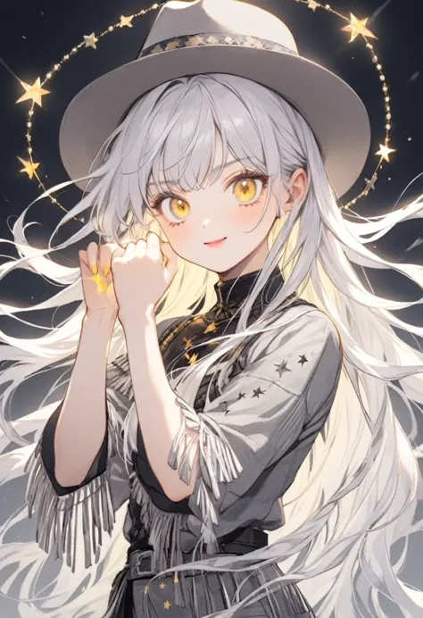 gray cowboy outfit 、fringe on sleeves、gray cowboy hat、star mark on the end of the hat string、girl、long hair、white hair、yellow ey...