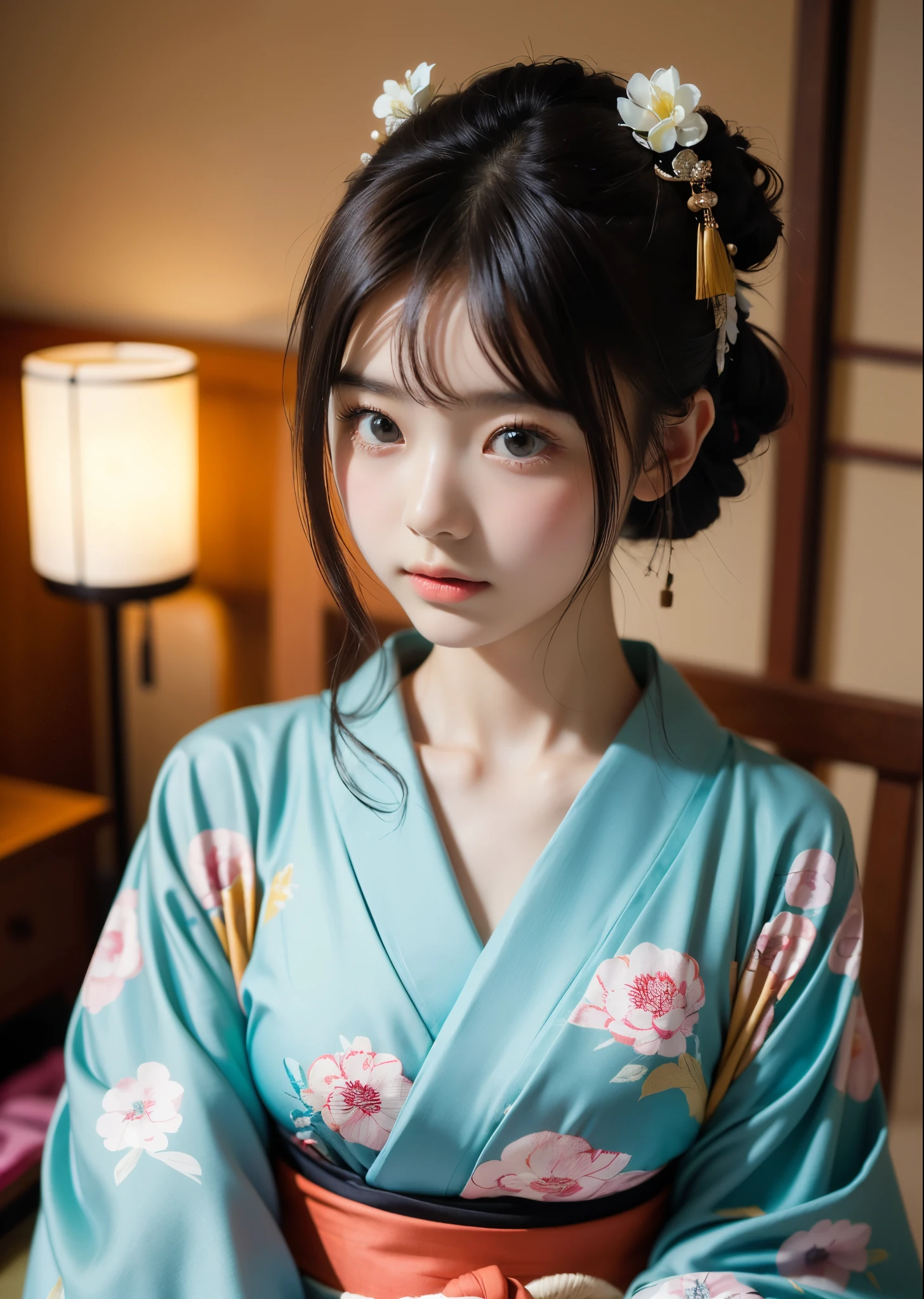 (masterpiece, highest quality, highest quality, Official Art, beautifully、aesthetic:1.2)、Portrait Photography、 (1 Japanese kimono beautiful girl)、Kimono worn by women at Japanese Coming of Age Ceremonies、Big brown eyes、Beautiful skin、Expressionlesoderate breast size、（Bun updo with bangs）、hair ornaments、Very detailed,(Japanese-style room:1.3)、Perfect lighting、Sharp focus、High resolution、High resolution、High color rendering、High resolution、Super realistic、
