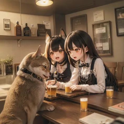 shiba inu girls drinking beer in a pub