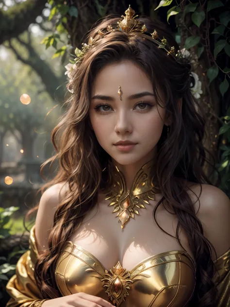 ultra detailed druid goddess with a crown made out of pure light, kind-hearted with a penetrating gaze, golden glow, extremely d...