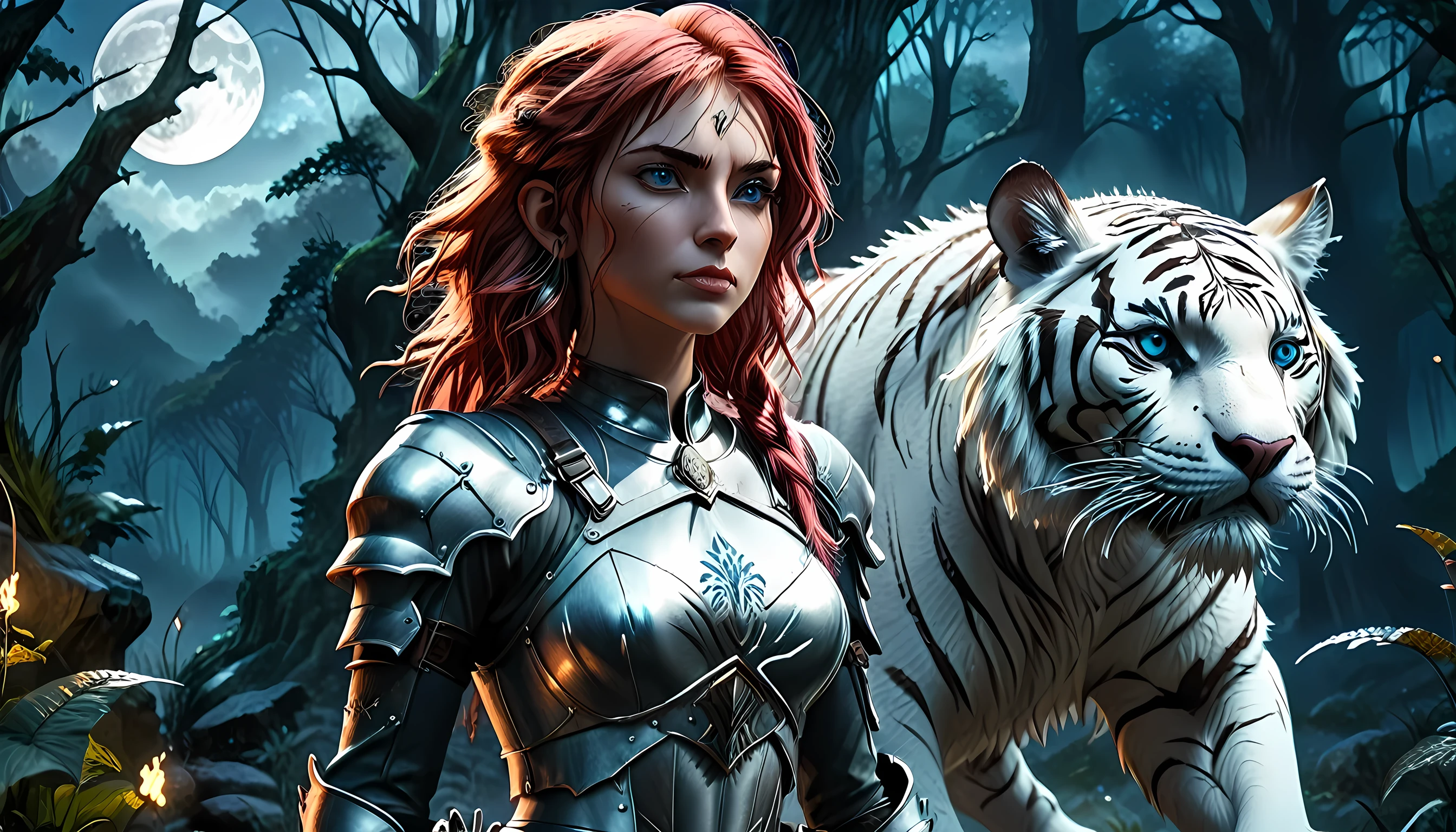 high details, best quality, 16k, [Ultra detailed], masterpiece,  best quality, (extremely detailed), dynamic angle, ultra wide shot, RAW, photorealistic, fantasy art, RPG art, realistic art, a wide angle picture of an epic female elf ranger and her pet (white tiger: 1.3),  warrior of nature, fighter of nature, full body, [[anatomically correct]] full body (intricate details, Masterpiece, best quality: 1.5) talking to an epic ((white tiger: 1.5)) (intricate details, Masterpiece, best quality: 1.6) armed with an epic magical sword  (intricate details, Masterpiece, best quality: 1.5) epic magical sword swordsman, glowing in blue light , in dark forest ( intricate details, Masterpiece, best quality: 1.4), a female beautiful epic drow wearing leather armor (intricate details, Masterpiece, best quality: 1.5), leather boots, thick hair, long hair, red hair, pale skin intense eyes, forest  background (intense details), moon light, stars light, clouds (intricate details, Masterpiece, best quality: 1.5), dynamic angle, (intricate details, Masterpiece, best quality: 1.3), high details, best quality, highres, ultra wide angle, ladyshadow, Armored Dress, Dark Novel