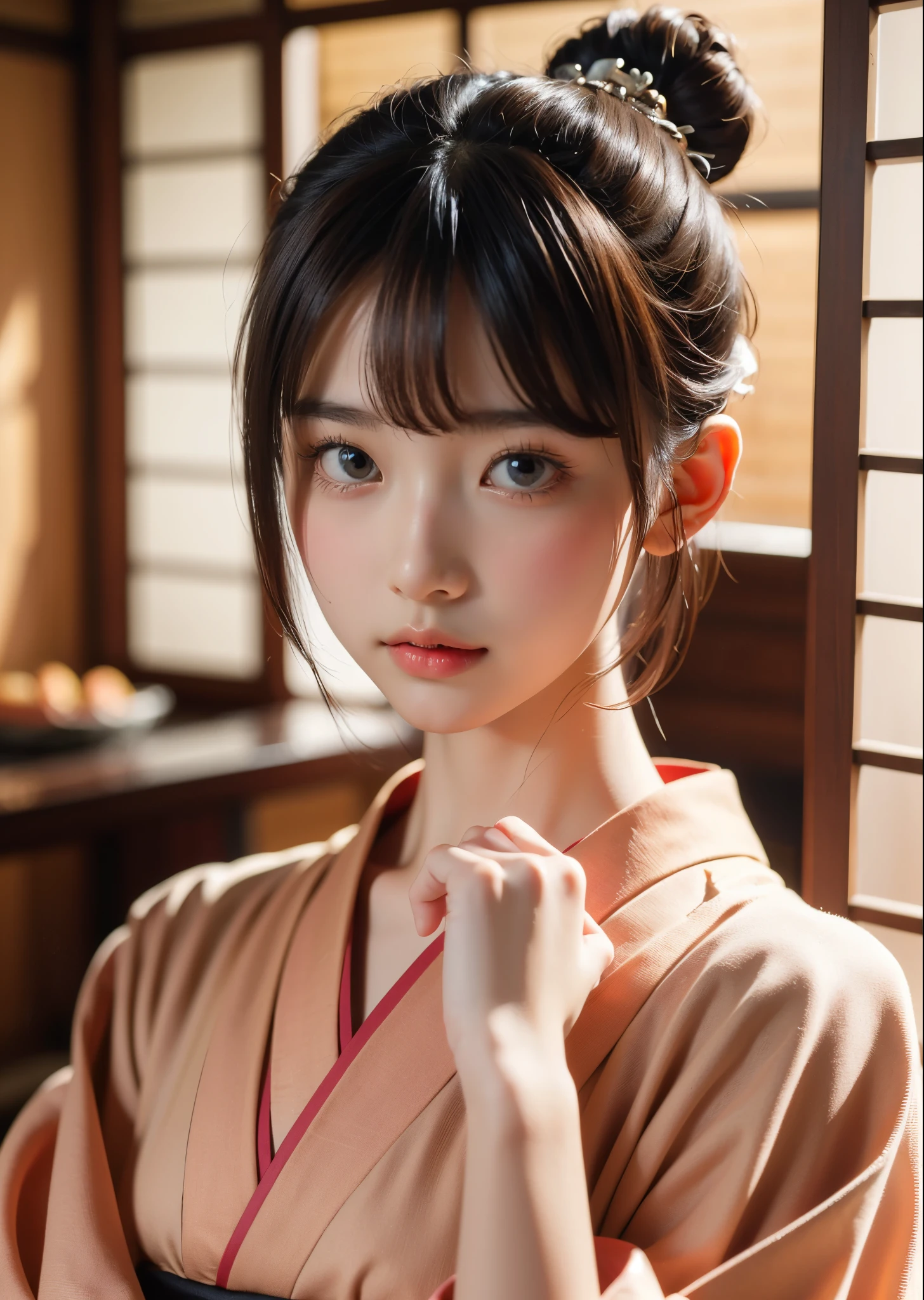 (masterpiece, highest quality, highest quality, Official Art, beautifully、aesthetic:1.2)、Portrait Photography、 (1 Japanese kimono beautiful girl)、A gorgeous kimono worn by women at Japanese Coming of Age ceremonies、The collar is nicely closed、A perfect example of dressing、Big brown eyes、Beautiful skin、Expressionlesoderate breast size、（Bun updo with bangs）、hair ornaments、Very detailed,(Japanese-style room:1.3)、Cinematic lighting、Sharp focus、High resolution、High resolution、High color rendering、High resolution、Super realistic、