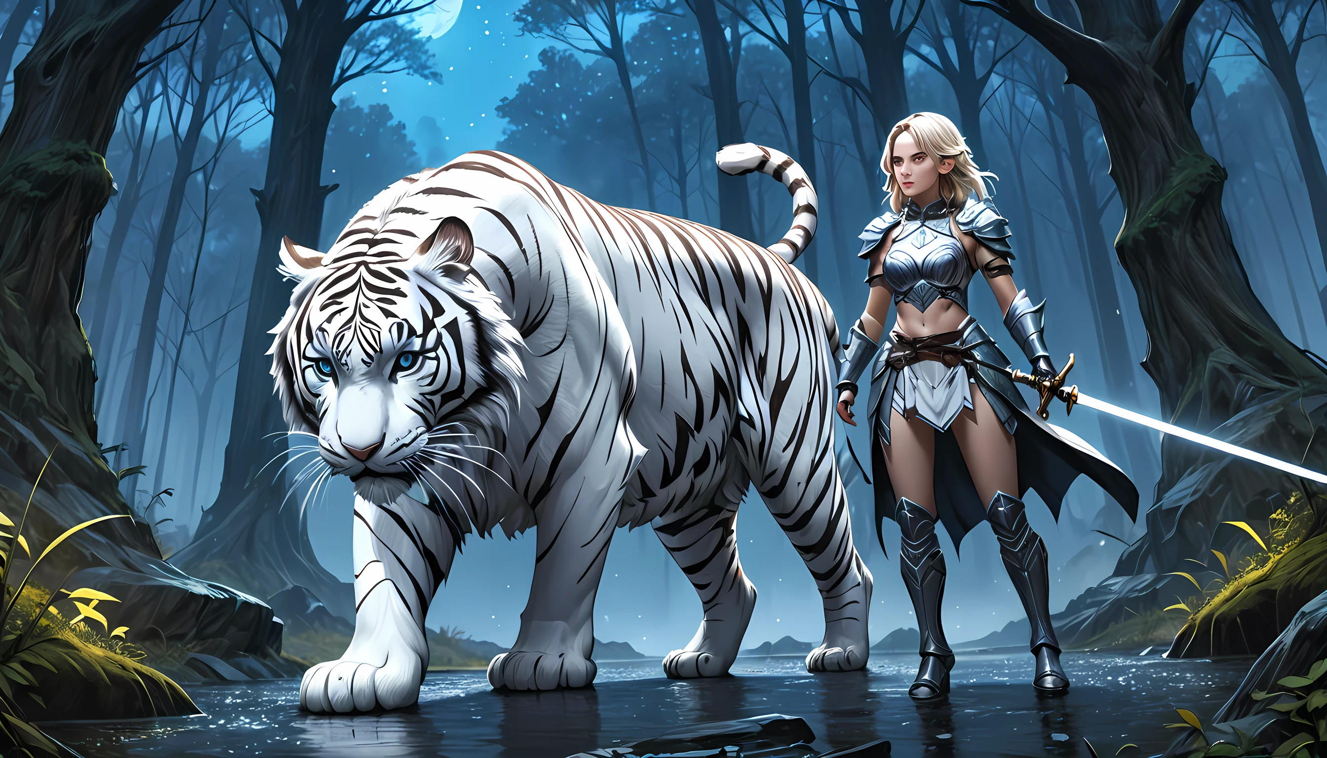 high details, best quality, 16k, [Ultra detailed], masterpiece,  best quality, (extremely detailed), dynamic angle, ultra wide shot, RAW, photorealistic, fantasy art, RPG art, realistic art, a wide angle picture of an epic female elf ranger and her pet (white tiger: 1.3),  warrior of nature, fighter of nature, full body, [[anatomically correct]] full body (intricate details, Masterpiece, best quality: 1.5) talking to an epic ((white tiger: 1.5)) (intricate details, Masterpiece, best quality: 1.6) armed with an epic magical sword  (intricate details, Masterpiece, best quality: 1.5) epic magical sword swordsman, glowing in blue light , in dark forest ( intricate details, Masterpiece, best quality: 1.4), a female beautiful epic drow wearing leather armor (intricate details, Masterpiece, best quality: 1.5), leather boots, thick hair, long hair, red hair, pale skin intense eyes, forest  background (intense details), moon light, stars light, clouds (intricate details, Masterpiece, best quality: 1.5), dynamic angle, (intricate details, Masterpiece, best quality: 1.3), high details, best quality, highres, ultra wide angle, ladyshadow, Armored Dress, Dark Novel