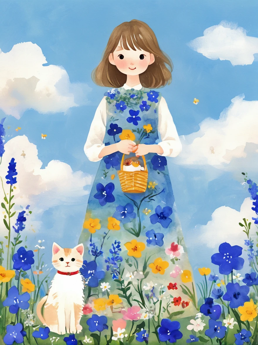 (青い花で作られた美しいドレスを着た美しい少女:1.5)，(かわいい子猫を抱いて:1.5)，美しい風景の背景，白い雲，ファンタジーリアリズム，魅力的な，高解像度，非常に詳細なフォトリアリスティックなデジタルアート
