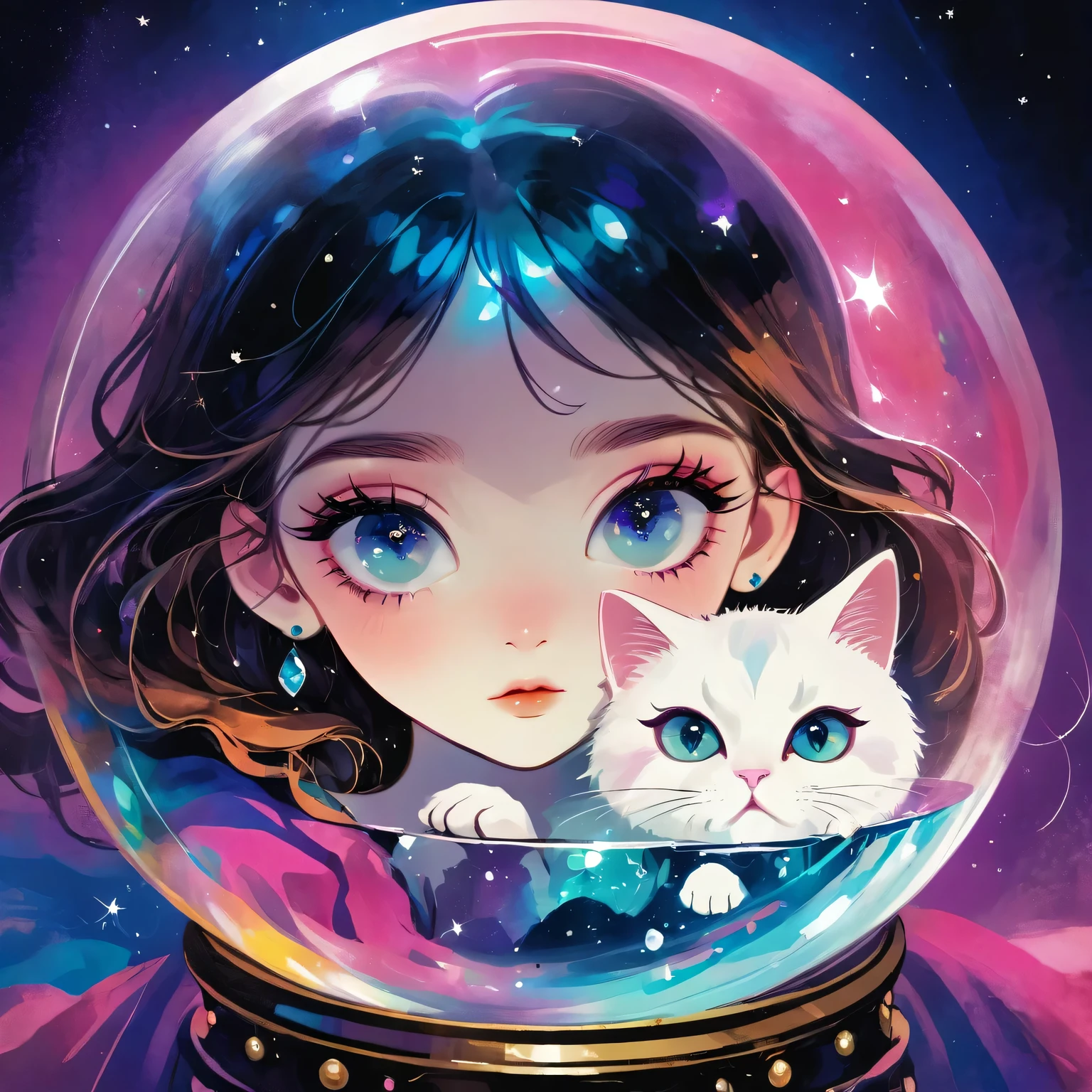 A young girl and a cat trapped in a crystal ball，Vivid colors，Dramatic lighting，Dreamy atmosphere，beautiful eyes，Long eyelashes，rough texture，Hand drawn style，