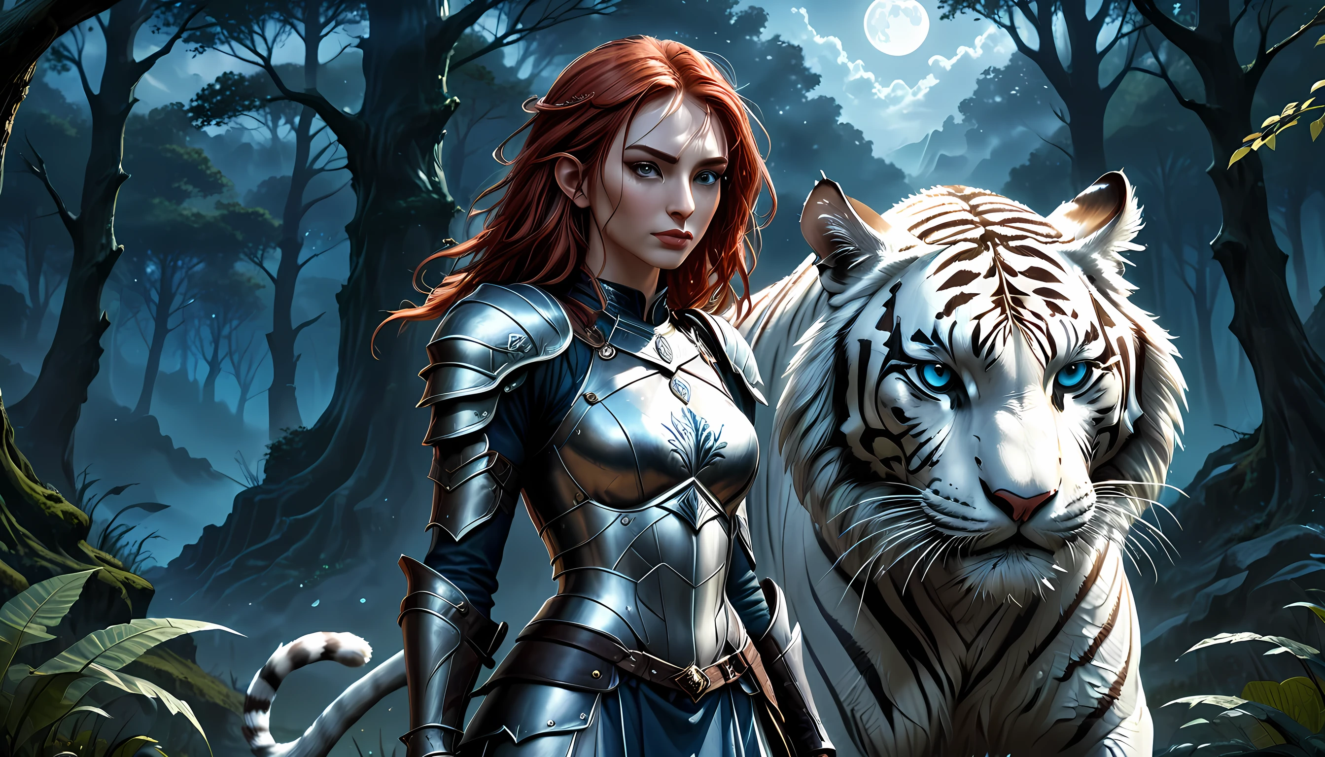 high details, best quality, 16k, [Ultra detailed], masterpiece,  best quality, (extremely detailed), dynamic angle, ultra wide shot, RAW, photorealistic, fantasy art, RPG art, realistic art, a wide angle picture of an epic female elf ranger and her pet (white tiger: 1.3),  warrior of nature, fighter of nature, full body, [[anatomically correct]] full body (intricate details, Masterpiece, best quality: 1.5) talking to an epic ((white tiger: 1.5)) (intricate details, Masterpiece, best quality: 1.6) armed with an epic magical sword  (intricate details, Masterpiece, best quality: 1.5) epic magical sword swordsman, glowing in blue light , in dark forest ( intricate details, Masterpiece, best quality: 1.4), a female beautiful epic drow wearing leather armor (intricate details, Masterpiece, best quality: 1.5), leather boots, thick hair, long hair, red hair, pale skin intense eyes, forest  background (intense details), moon light, stars light, clouds (intricate details, Masterpiece, best quality: 1.5), dynamic angle, (intricate details, Masterpiece, best quality: 1.3), high details, best quality, highres, ultra wide angle, ladyshadow, Armored Dress, Dark Novel