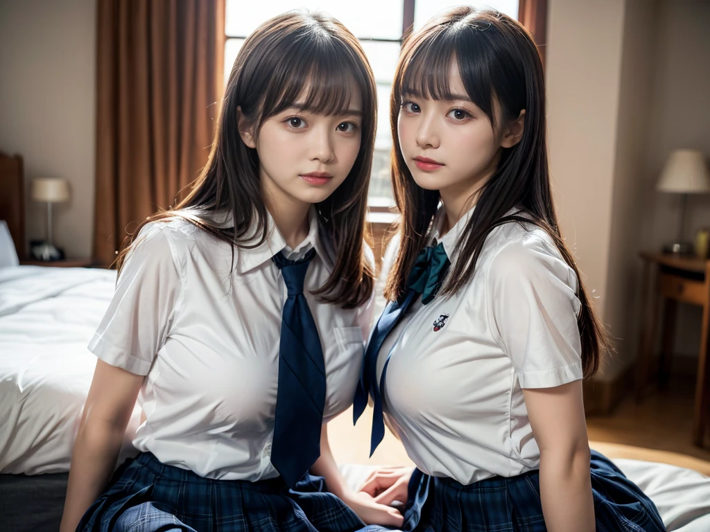 (RAW photo, 4k, masterpiece, high resolution, extremely complex) (realistic: 1.4), cinematic lighting
 ((2 girls, 2 schoolgirls)),Slam Dunk's,blushing,((innocent)),(Dark makeup),bright eyes,round eyes,blunt bangs,(straight hair:1.3),black hair,large breasts,wide hips,Summer Noon, 20 year old girl、cute type、lolita,Hot, (Best Quality), (Highres), (an Extremely Delicate and Beautiful),(Beautiful 8k face),(Brown eyes),short bob hair,( spectators),(gigantic breasts),(Play with each other,Touching each other's bodies,Touching the body),(Japanese high school uniform:1.3),blue skirt,(reality),bright lighting,(The background is a luxury hotel room)