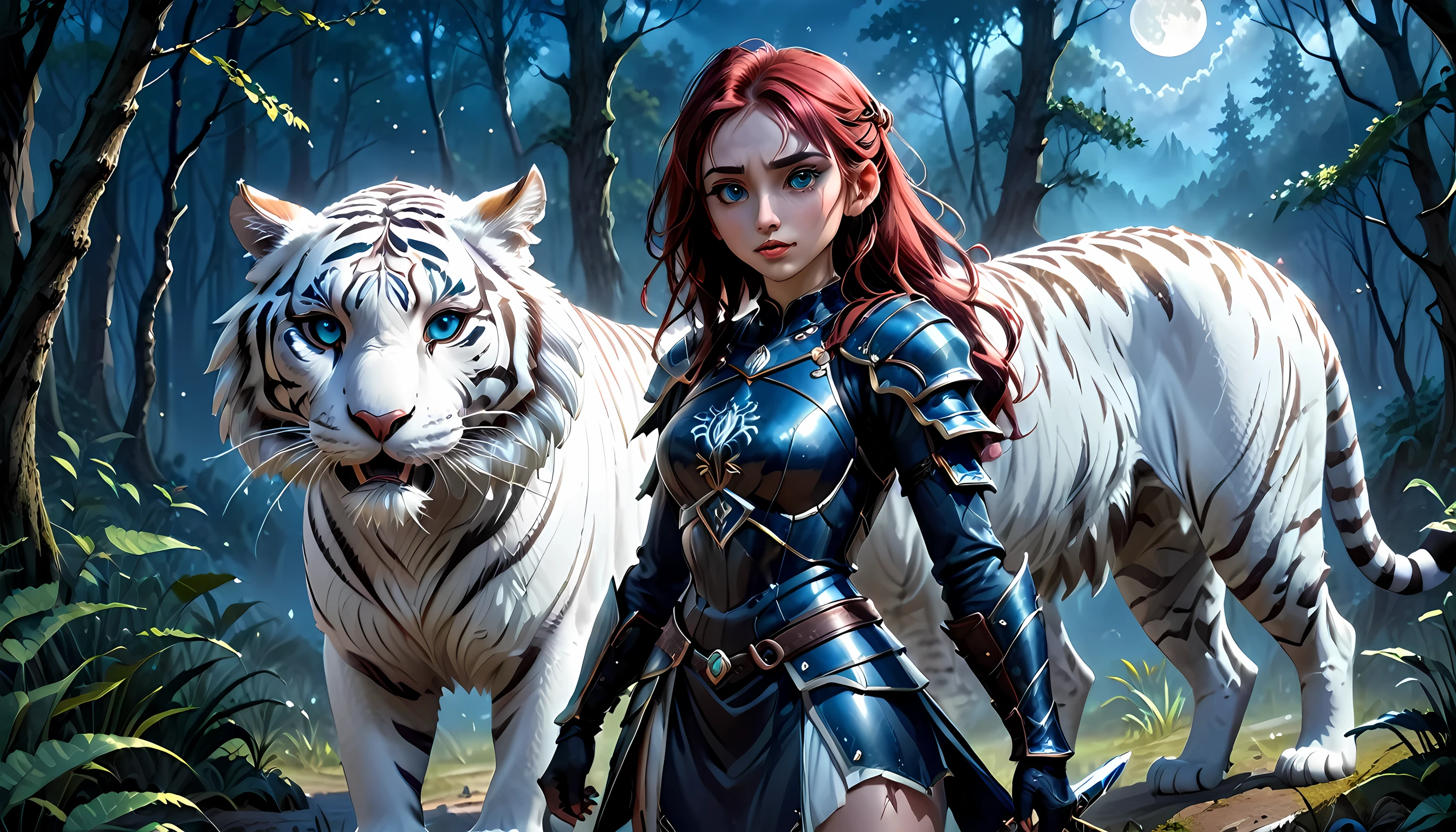 modisn disneyת high details, best quality, 16k, [Ultra detailed], masterpiece,  best quality, (extremely detailed), dynamic angle, ultra wide shot, RAW, photorealistic, fantasy art, RPG art, realistic art, a wide angle picture of an epic female elf ranger and her pet (white tiger: 1.3),  warrior of nature, fighter of nature, full body, [[anatomically correct]] full body (intricate details, Masterpiece, best quality: 1.5) talking to an epic ((white tiger: 1.5)) (intricate details, Masterpiece, best quality: 1.6) armed with an epic magical sword  (intricate details, Masterpiece, best quality: 1.5) epic magical sword swordsman, glowing in blue light , in dark forest ( intricate details, Masterpiece, best quality: 1.4), a female beautiful epic drow wearing leather armor (intricate details, Masterpiece, best quality: 1.5), leather boots, thick hair, long hair, red hair, pale skin intense eyes, forest  background (intense details), moon light, stars light, clouds (intricate details, Masterpiece, best quality: 1.5), dynamic angle, (intricate details, Masterpiece, best quality: 1.3), high details, best quality, highres, ultra wide angle, ladyshadow, Armored Dress, Dark Novel