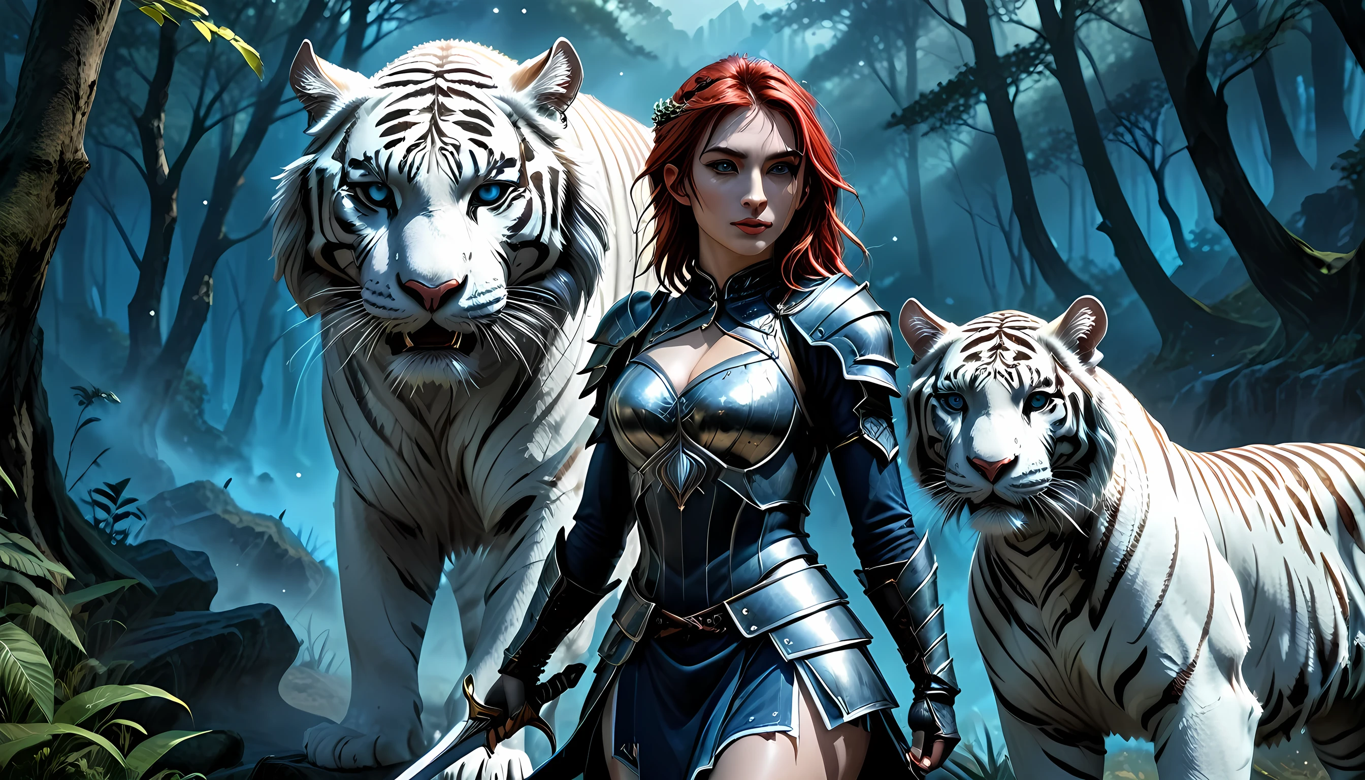 high details, best quality, 16k, [Ultra detailed], masterpiece,  best quality, (extremely detailed), dynamic angle, ultra wide shot, RAW, photorealistic, fantasy art, RPG art, realistic art, a wide angle picture of an epic female elf ranger and her pet (white tiger: 1.3),  warrior of nature, fighter of nature, full body, [[anatomically correct]] full body (intricate details, Masterpiece, best quality: 1.5) talking to an epic ((white tiger: 1.5)) (intricate details, Masterpiece, best quality: 1.6) armed with an epic magical sword  (intricate details, Masterpiece, best quality: 1.5) epic magical sword swordsman, glowing in blue light , in dark forest ( intricate details, Masterpiece, best quality: 1.4), a female beautiful epic drow wearing leather armor (intricate details, Masterpiece, best quality: 1.5), leather boots, thick hair, long hair, red hair, pale skin intense eyes, forest  background (intense details), moon light, stars light, clouds (intricate details, Masterpiece, best quality: 1.5), dynamic angle, (intricate details, Masterpiece, best quality: 1.3), high details, best quality, highres, ultra wide angle, ladyshadow, Armored Dress, Dark Novel