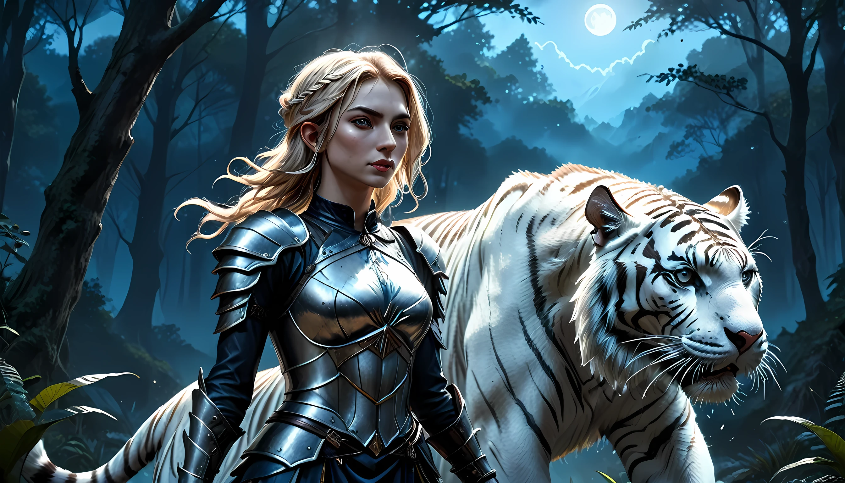 high details, best quality, 16k, [Ultra detailed], masterpiece,  best quality, (extremely detailed), dynamic angle, ultra wide shot, RAW, photorealistic, fantasy art, RPG art, realistic art, a wide angle picture of an epic female elf ranger and her pet (white tiger: 1.3),  warrior of nature, fighter of nature, full body, [[anatomically correct]] full body (intricate details, Masterpiece, best quality: 1.5) talking to an epic ((white tiger: 1.5)) (intricate details, Masterpiece, best quality: 1.6) armed with an epic magical sword  (intricate details, Masterpiece, best quality: 1.5) epic magical sword swordsman, glowing in blue light , in dark forest ( intricate details, Masterpiece, best quality: 1.4), a female beautiful epic drow wearing leather armor (intricate details, Masterpiece, best quality: 1.5), leather boots, thick hair, long hair, red hair, pale skin intense eyes, forest  background (intense details), moon light, stars light, clouds (intricate details, Masterpiece, best quality: 1.5), dynamic angle, (intricate details, Masterpiece, best quality: 1.3), high details, best quality, highres, ultra wide angle, ladyshadow, Armored Dress, Dark Novel