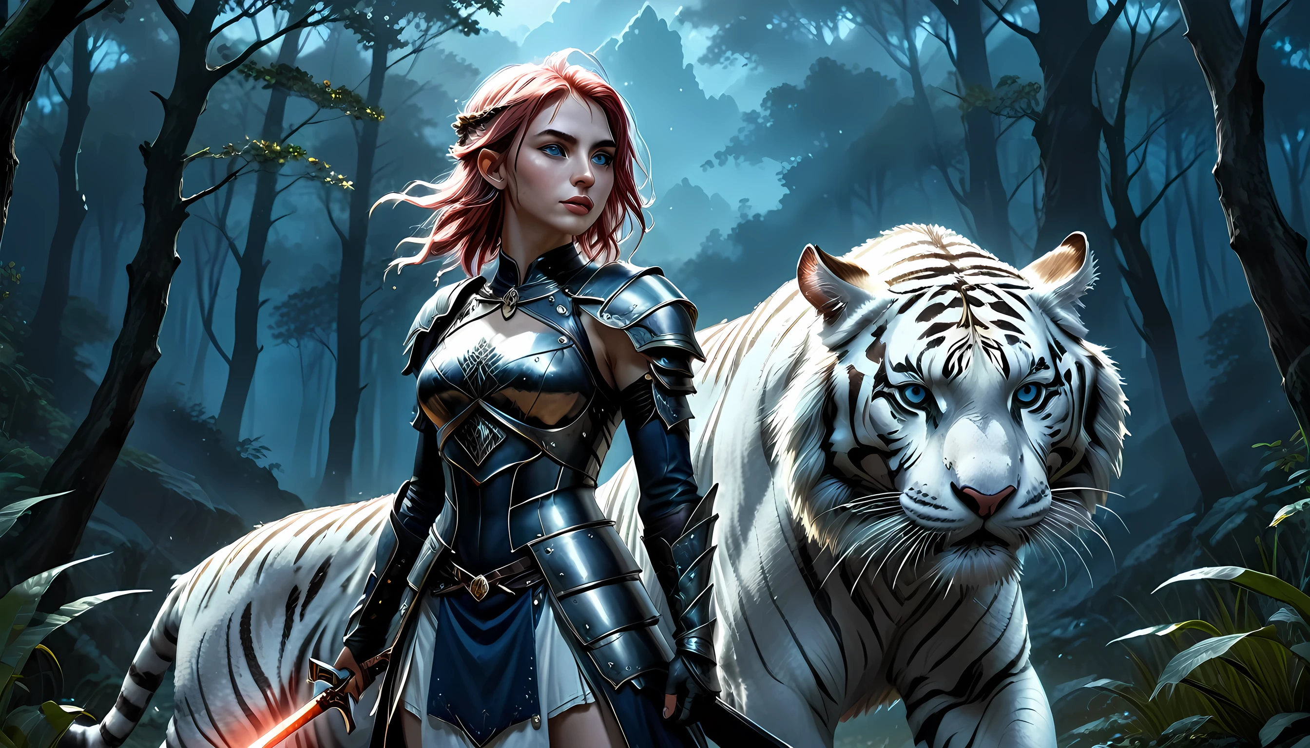 high details, best quality, 16k, [Ultra detailed], masterpiece,  best quality, (extremely detailed), dynamic angle, ultra wide shot, RAW, photorealistic, fantasy art, RPG art, realistic art, a wide angle picture of an epic female elf ranger and her pet (white tiger: 1.3),  warrior of nature, fighter of nature, full body, [[anatomically correct]] full body (intricate details, Masterpiece, best quality: 1.5) talking to an epic ((white tiger: 1.5)) (intricate details, Masterpiece, best quality: 1.6) armed with an epic magical sword  (intricate details, Masterpiece, best quality: 1.5) epic magical sword swordsman, glowing in blue light , in dark forest ( intricate details, Masterpiece, best quality: 1.4), a female beautiful epic drow wearing leather armor (intricate details, Masterpiece, best quality: 1.5), leather boots, thick hair, long hair, red hair, pale skin intense eyes, forest  background (intense details), moon light, stars light, clouds (intricate details, Masterpiece, best quality: 1.5), dynamic angle, (intricate details, Masterpiece, best quality: 1.3), high details, best quality, highres, ultra wide angle, ladyshadow, Armored Dress, Dark Novel