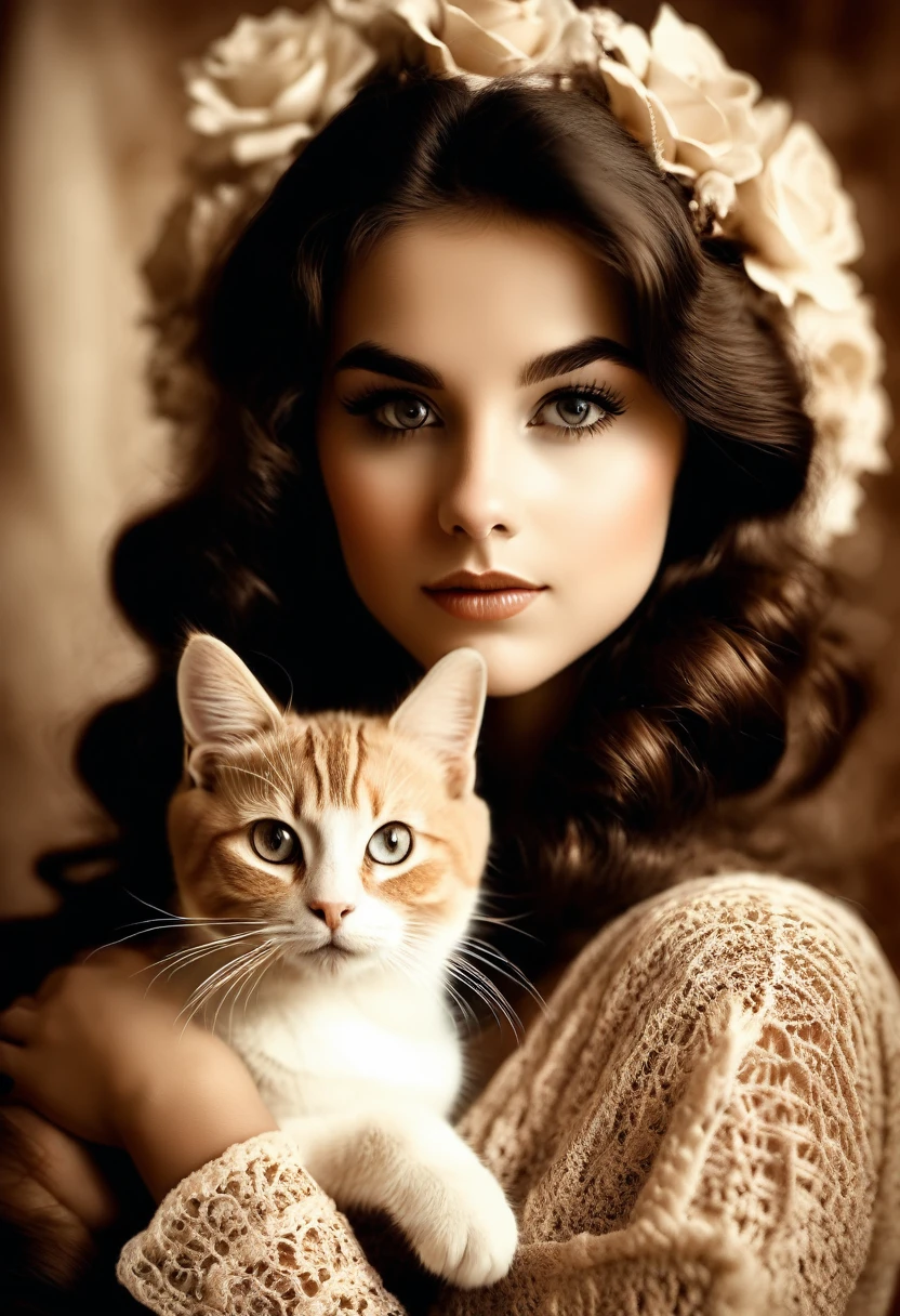 猫を連れた少女, かわいい子猫を連れた女の子,セピア調の写真,美しい細部までこだわった目,美しい唇のディテール,非常に詳細な目と顔,長いまつ毛,ビンテージ・スタイル,かぎ針編みの花,1967,柔らかい照明,暖色系のカラーパレット,フィルムグレイン効果,ボケ背景,ナチュラルなトーン,懐かしい気分