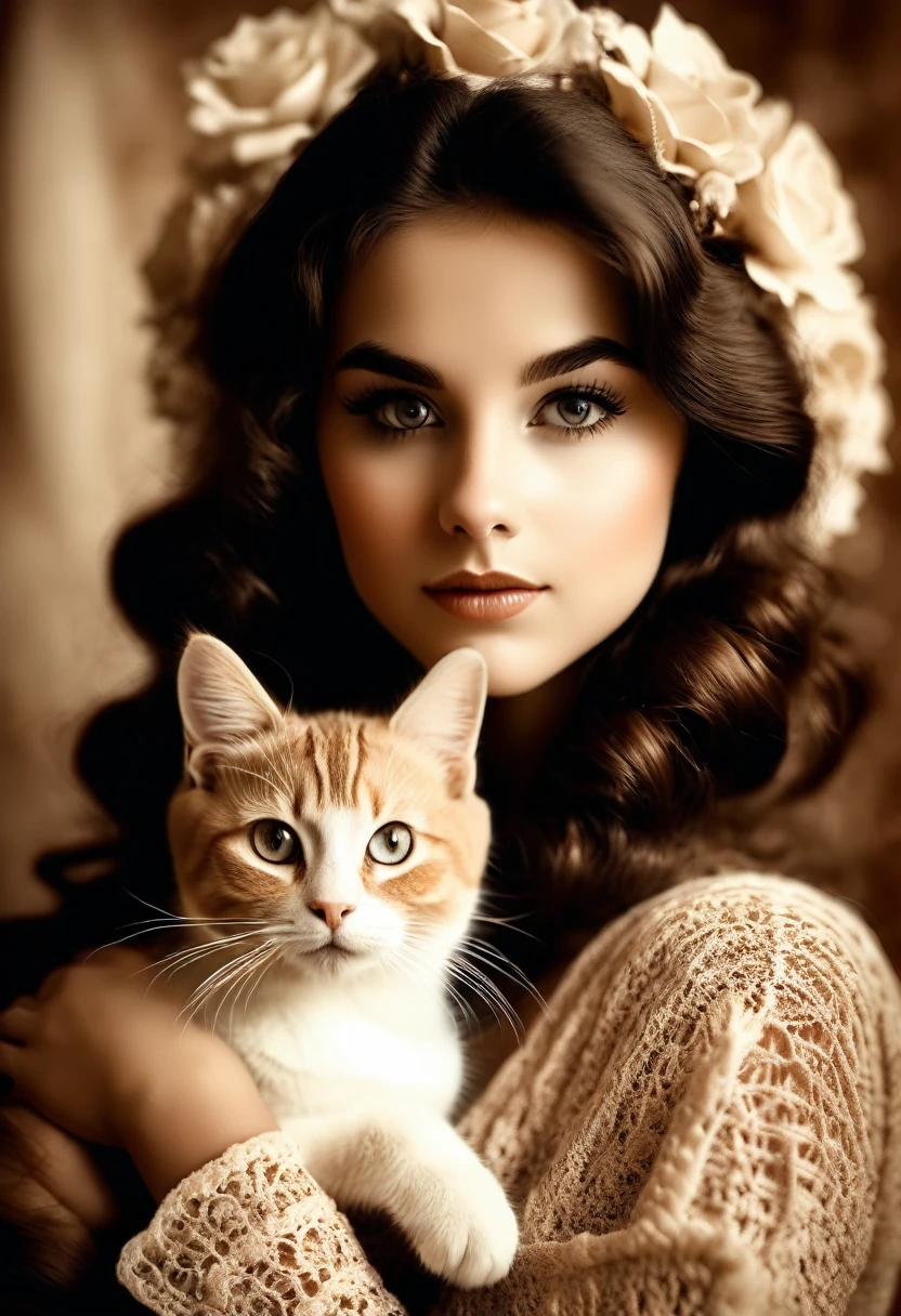 niña con gato, Una niña con un lindo gatito.,fotografía en tonos sepia,hermosos ojos detallados,hermosos labios detallados,ojos y rostro extremadamente detallados,Pestañas largas,estilo vintage,flores de ganchillo,1967,iluminación suave,paleta de colores cálidos,Efecto de grano de película,fondo bokeh,natural tones,estado de ánimo nostálgico