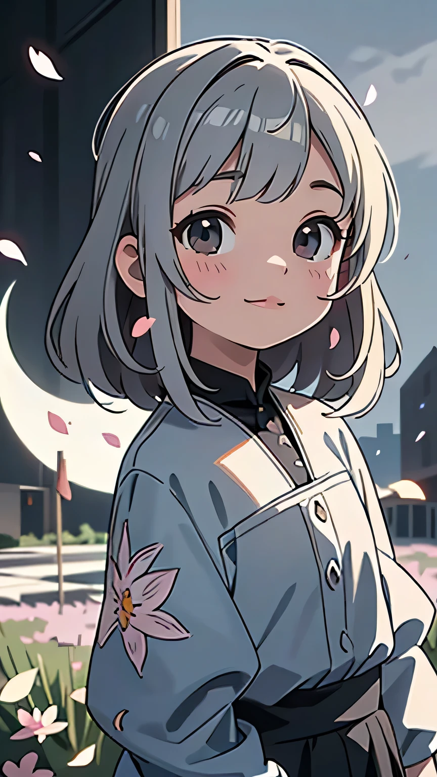 masterpiece, highest quality, One girl, (colorful),(Beautifully detailed eyes and face),cinematic Lighting,Bust Shot,Highly detailed CG Unity 8k wallpaper,Gray Hair,alone,smile,Complex skirt,((Flying petals)),(Flowery meadow) null, cloudy_null, building, moonLight, moon, night, (Dark Theme:1.3), Light, Fantasy,