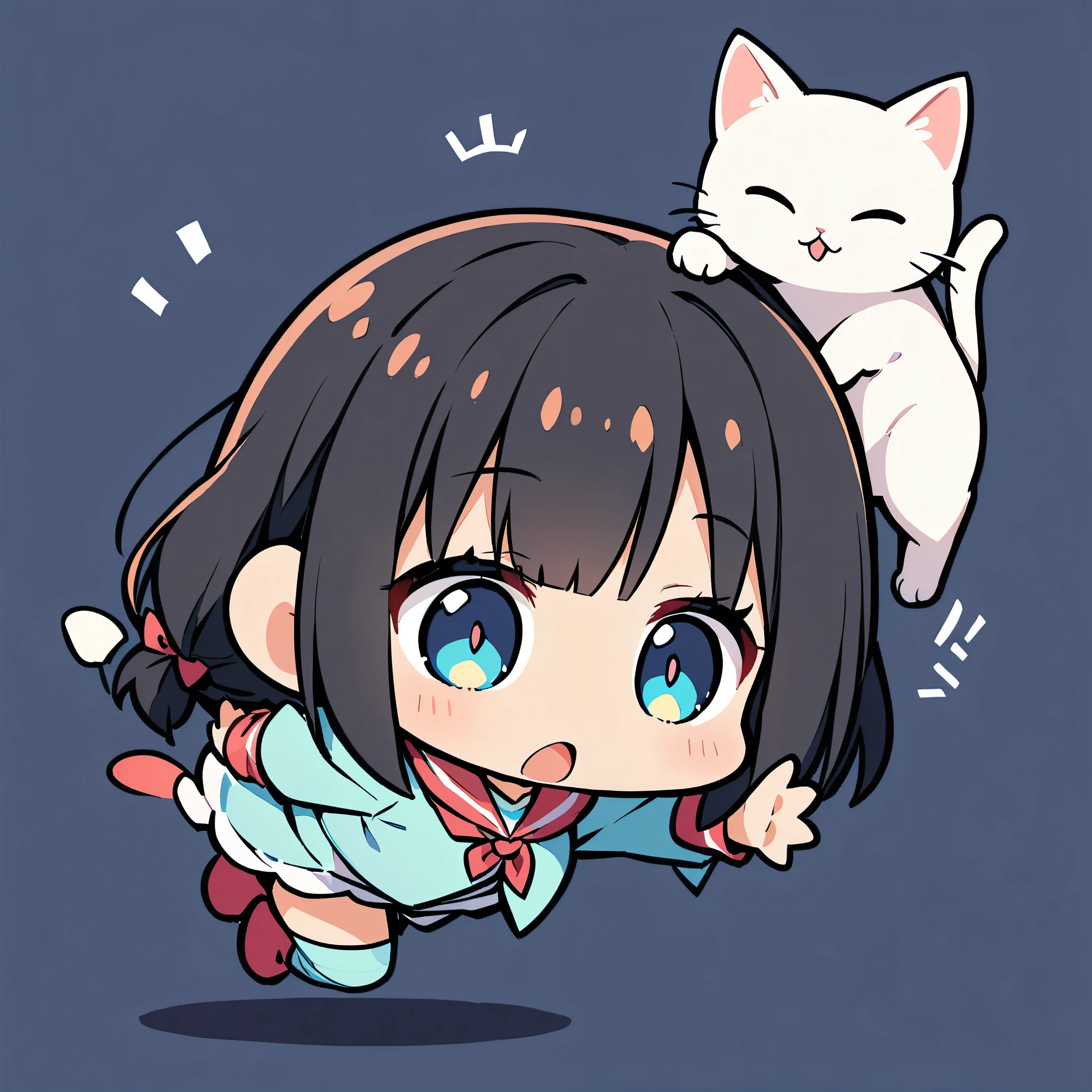 A girl and a cute cat, Cat and girl, Deformation, White cat, Black Hair Girl, Solid color background, 