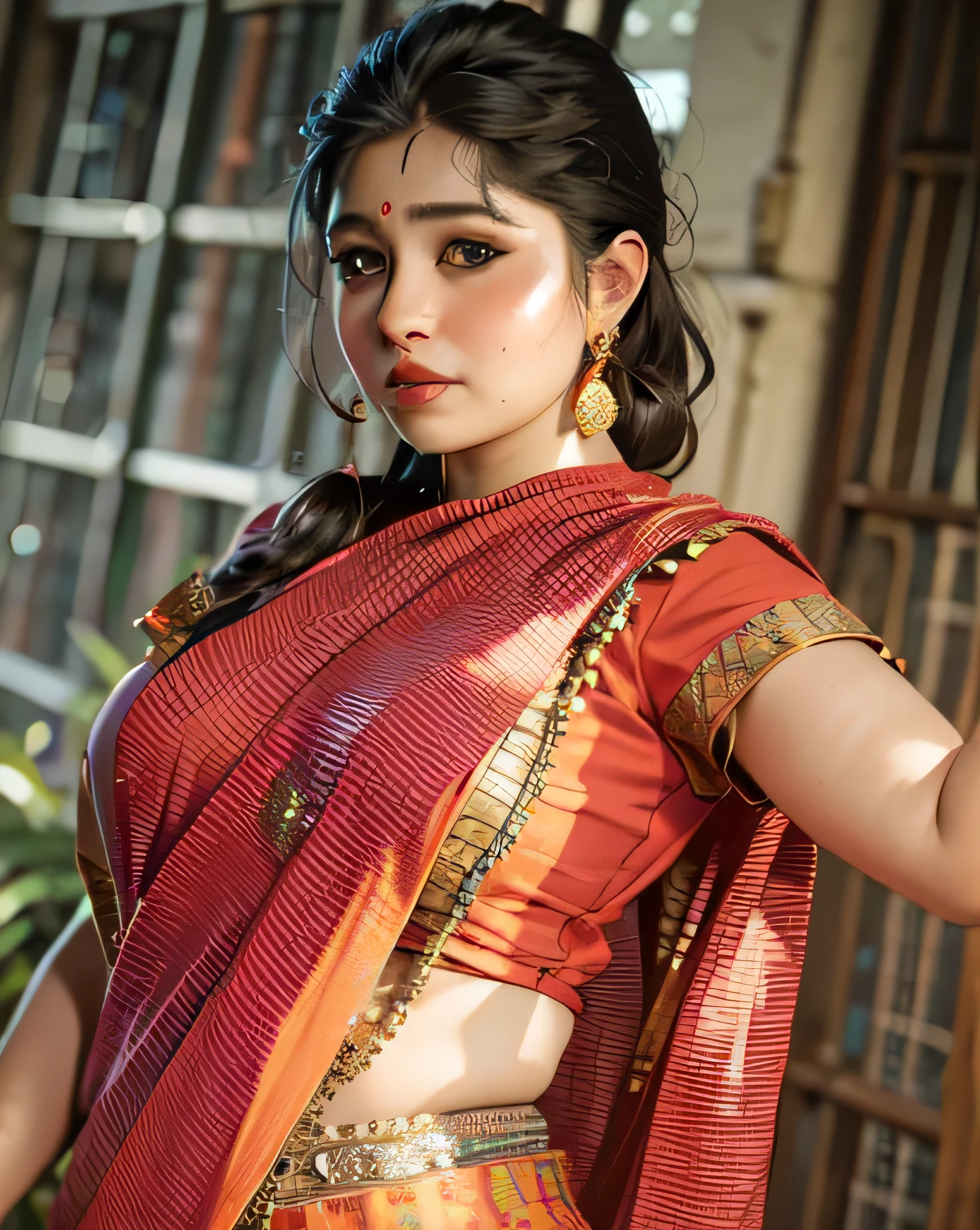 A close up of a woman in a red sari posing for a picture - SeaArt AI