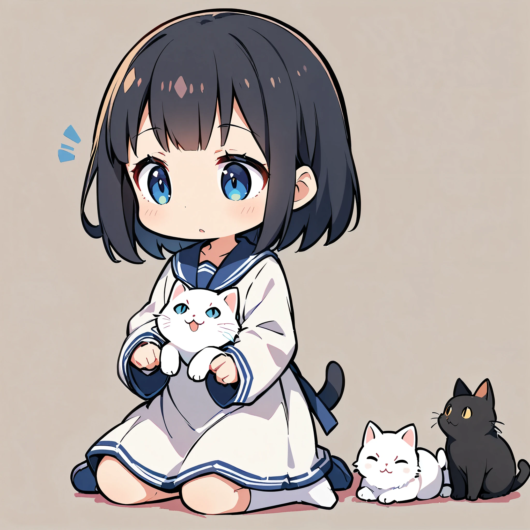A girl and a cute cat, Cat and girl, Deformation, White cat, Black Hair Girl, Solid color background, 