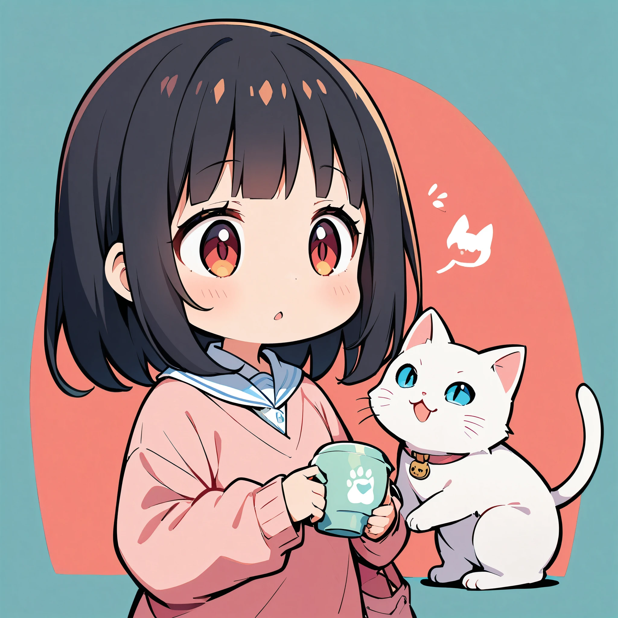 A girl and a cute cat, Cat and girl, Deformation, White cat, Black Hair Girl, Solid color background, 