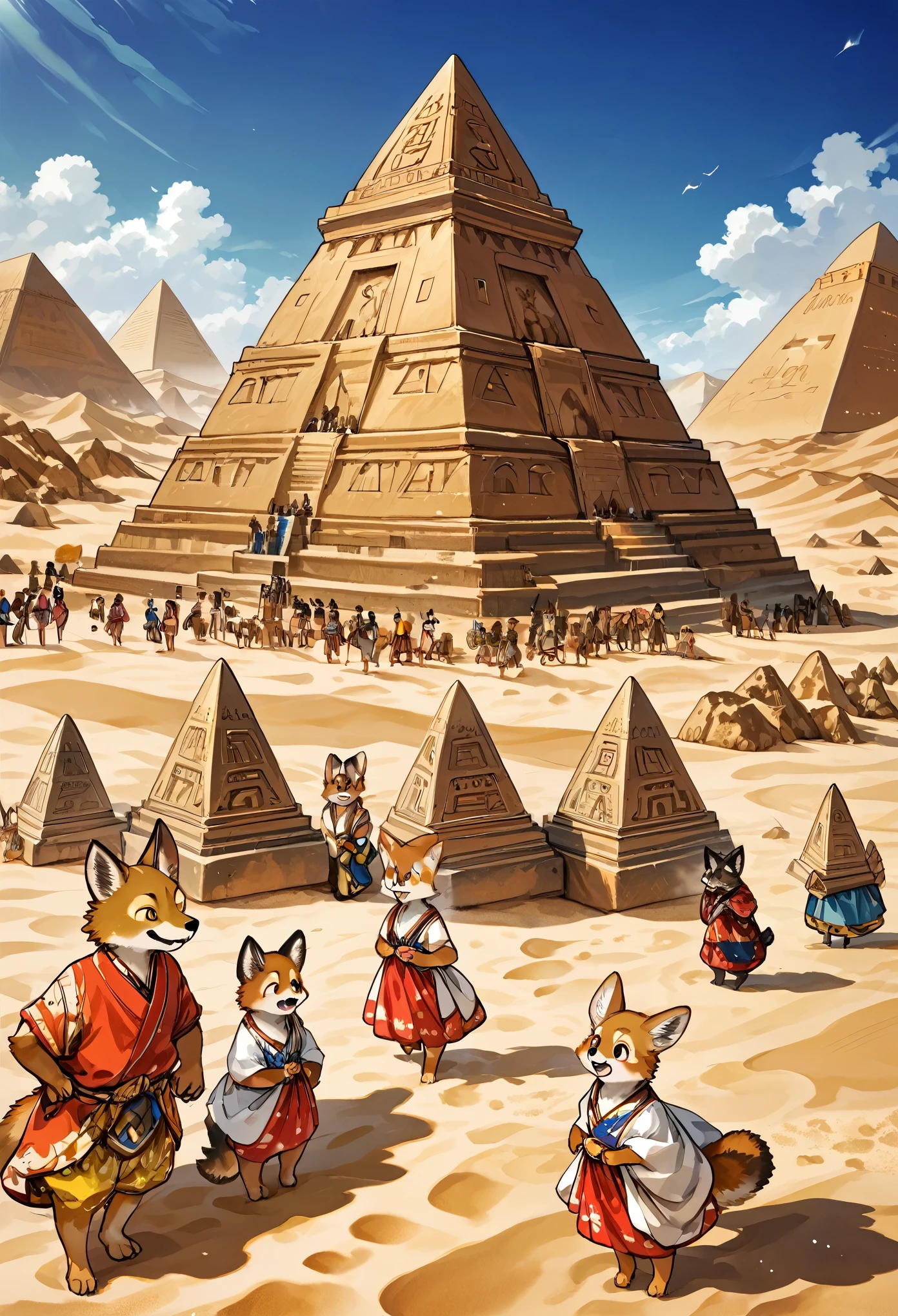 top quality, best quality, High-quality illustrations, masterpiece, super high resolution, detailed background, detailed background, desert, sand dunes, pyramid, Traditional costumes, boys, girls, Happy, joyful, absurdres(highly detailed beautiful face and eyes)perfect anatomy(kemono, furry anthro),