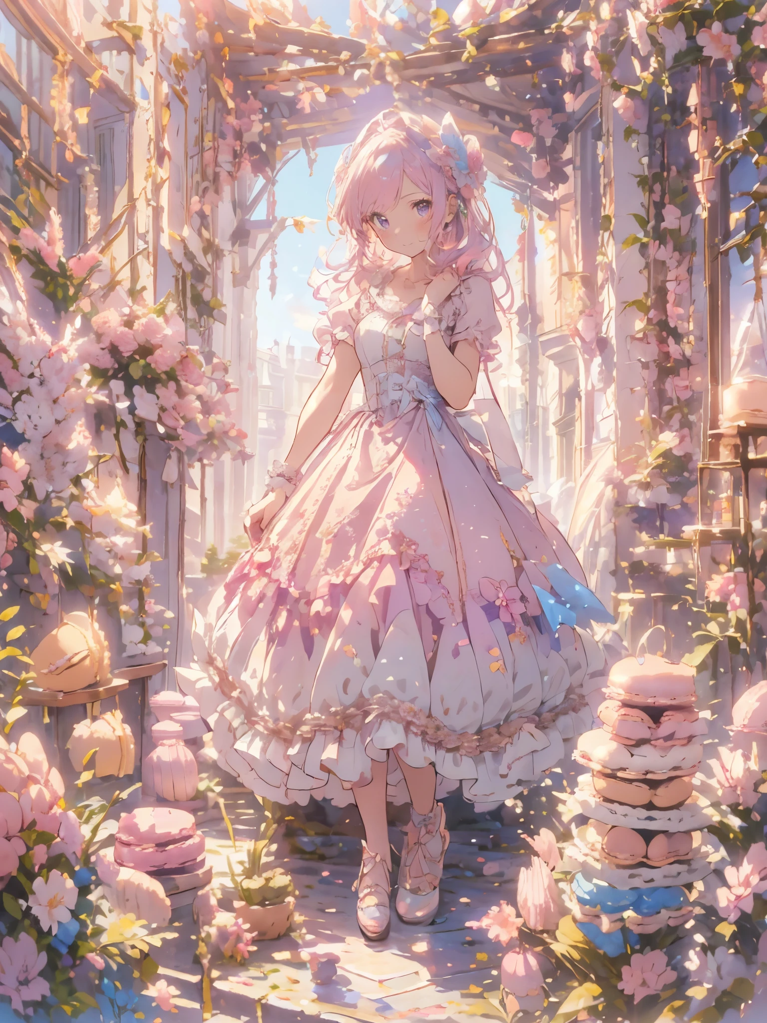 ((Exquisite, beautiful, Very detailed, masterpiece, High quality, Confused, High resolution, Full HD, 16K)),((Giant pastel coloured macarons))),(Lots of macarons),((Floating in the air)),Fairy Princess,(Happy), fun, (smile, Laughter), (pink ball gown dress:1.5,Macaron motif dress:1.5,Decorated with lace, Frills and jewels:1.1,),(Bob, Wavy Hair, Pink Hair),(Purple eyes, Big eyes, Fair skin), slim, Soft Edge, Soft lines, Saturated colors, Bright colors, pastel colour, Warm lighting, Soft lighting, Fantasy, Romantic atmosphere, Dreamy atmosphere,
