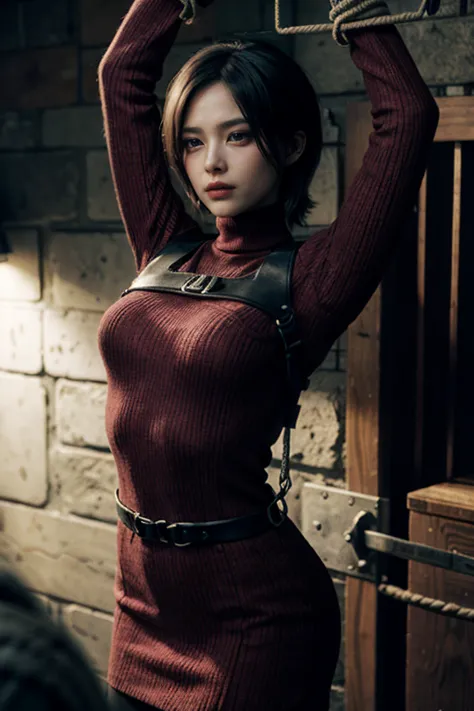 RE4Ada, short black hair, brown eyes, red turtleneck dress, long sleeves, looking at viewer, serious, arms up, (hand bondage, ha...