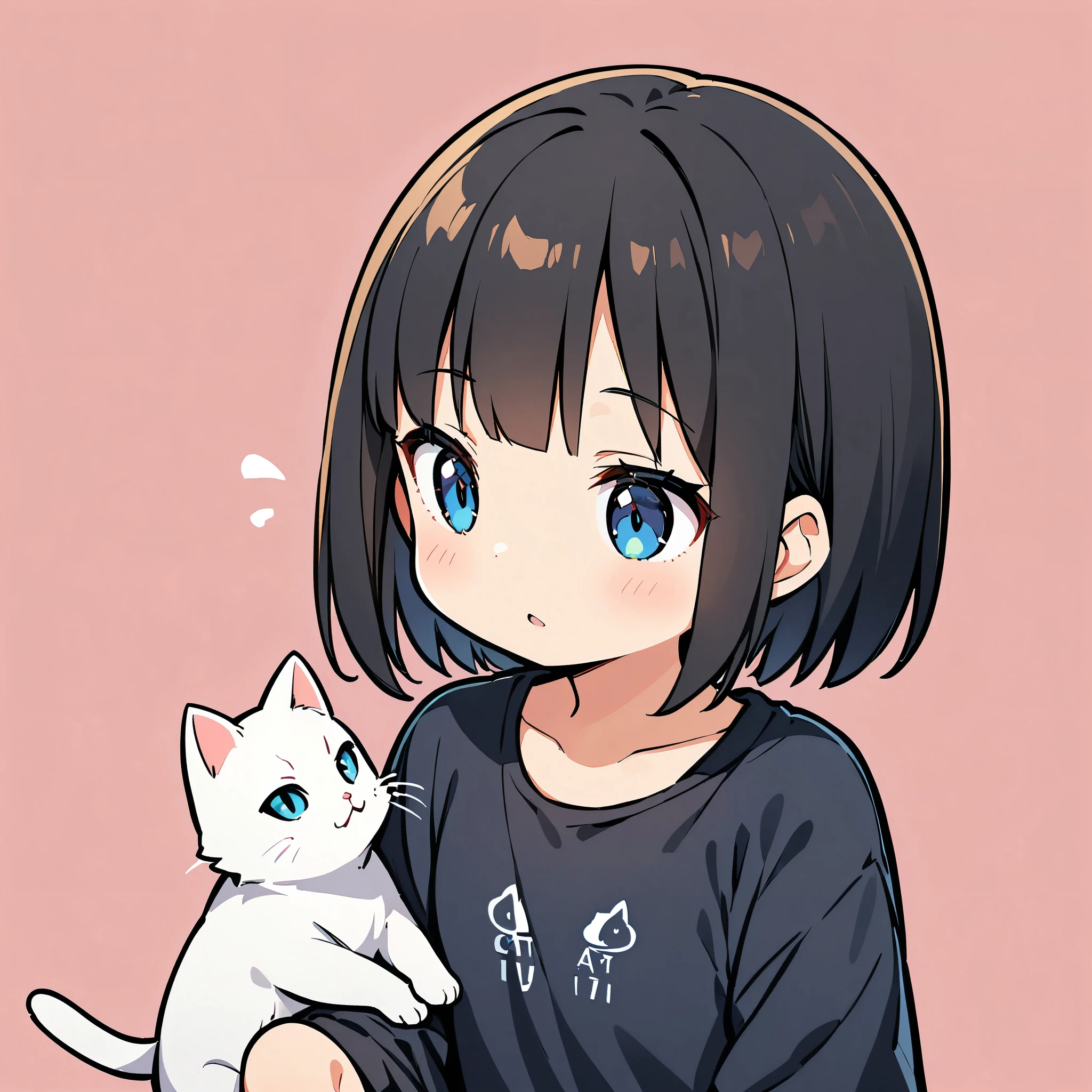 A girl and a cute cat, Cat and girl, Deformation, White cat, Black Hair Girl, Solid color background, 