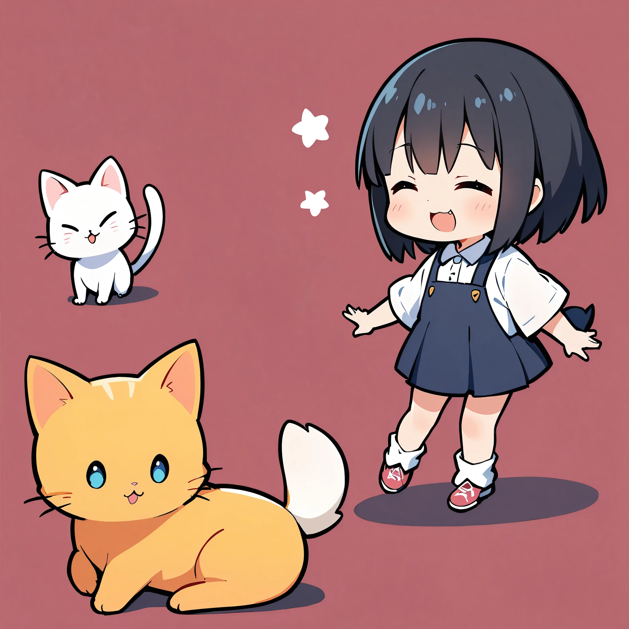 A girl and a cute cat, Cat and girl, Deformation, White cat, Black Hair Girl, Solid color background, 